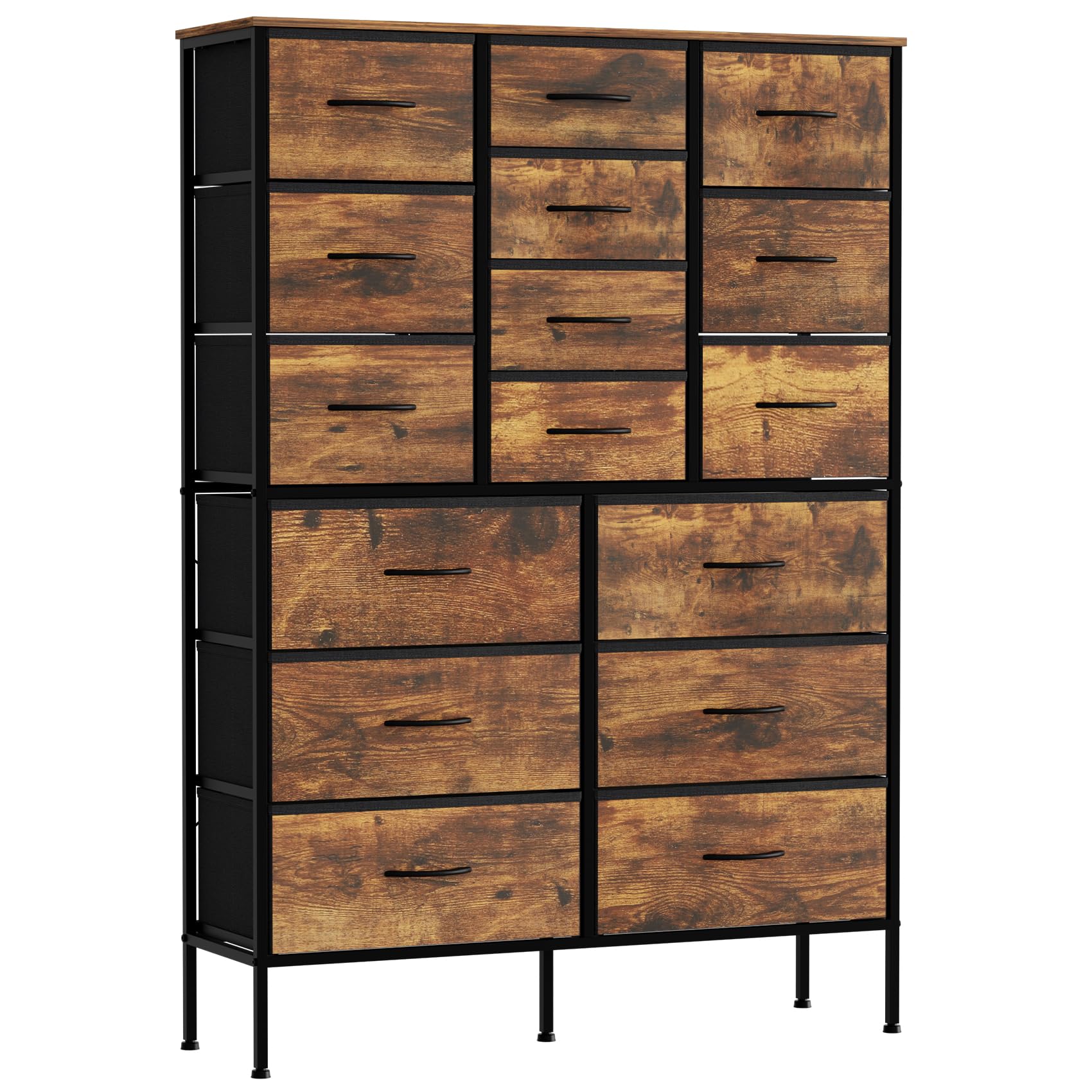 GoaHi 16-Drawer Fabric Chest of Drawers, Tall Storage Unit 100x30x142.5cm, Bedroom Dresser with Anti-Tip Device & Adjustable Feet, for Living Room, Hallway, Home Office, Rustic Brown