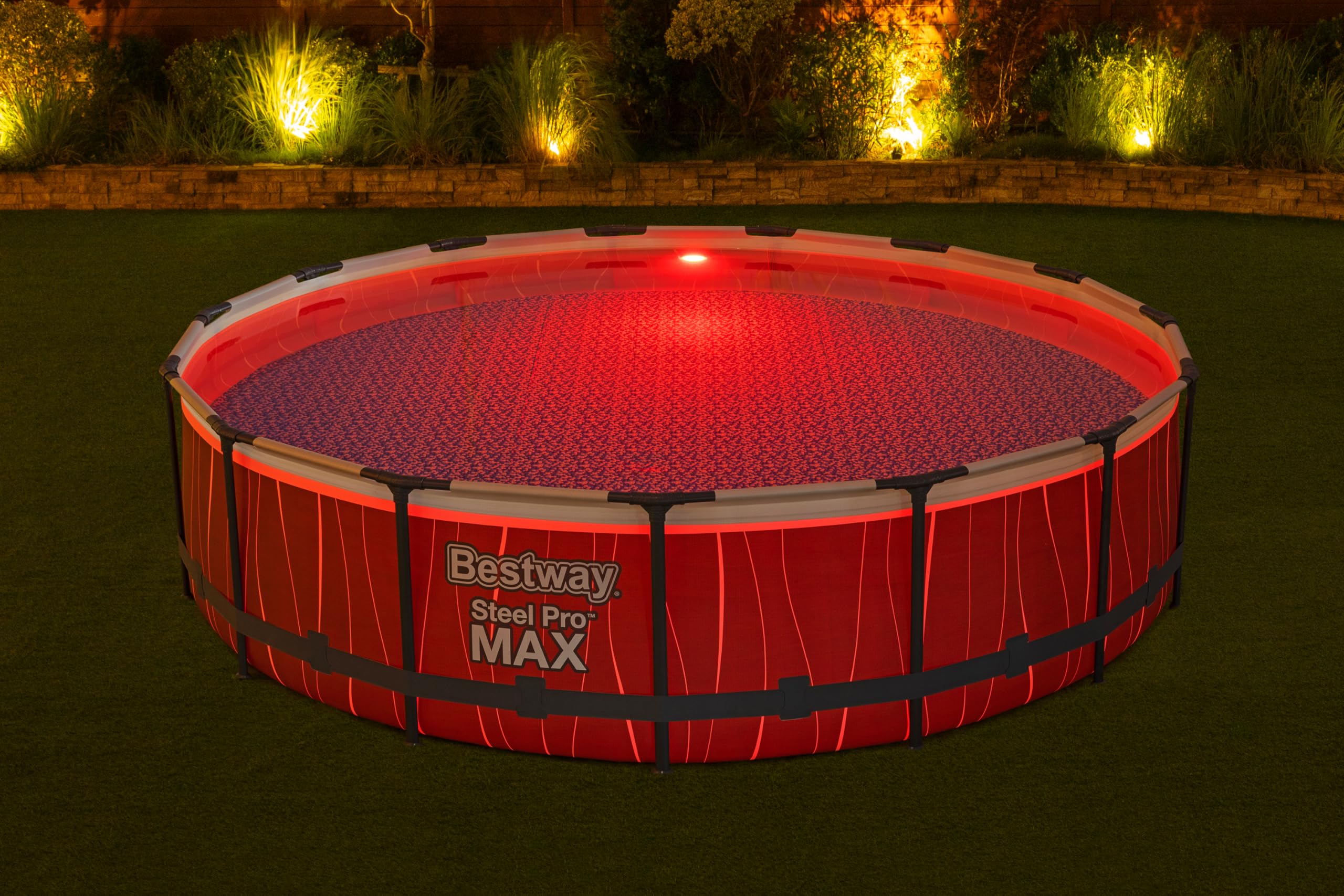 BESTWAY Steel Pro Max Rohr-Aufstellpool-Set 457 x 107 cm rund (mit Kartuschenfilter, Leiter, Abdeckung, LED-Licht)
