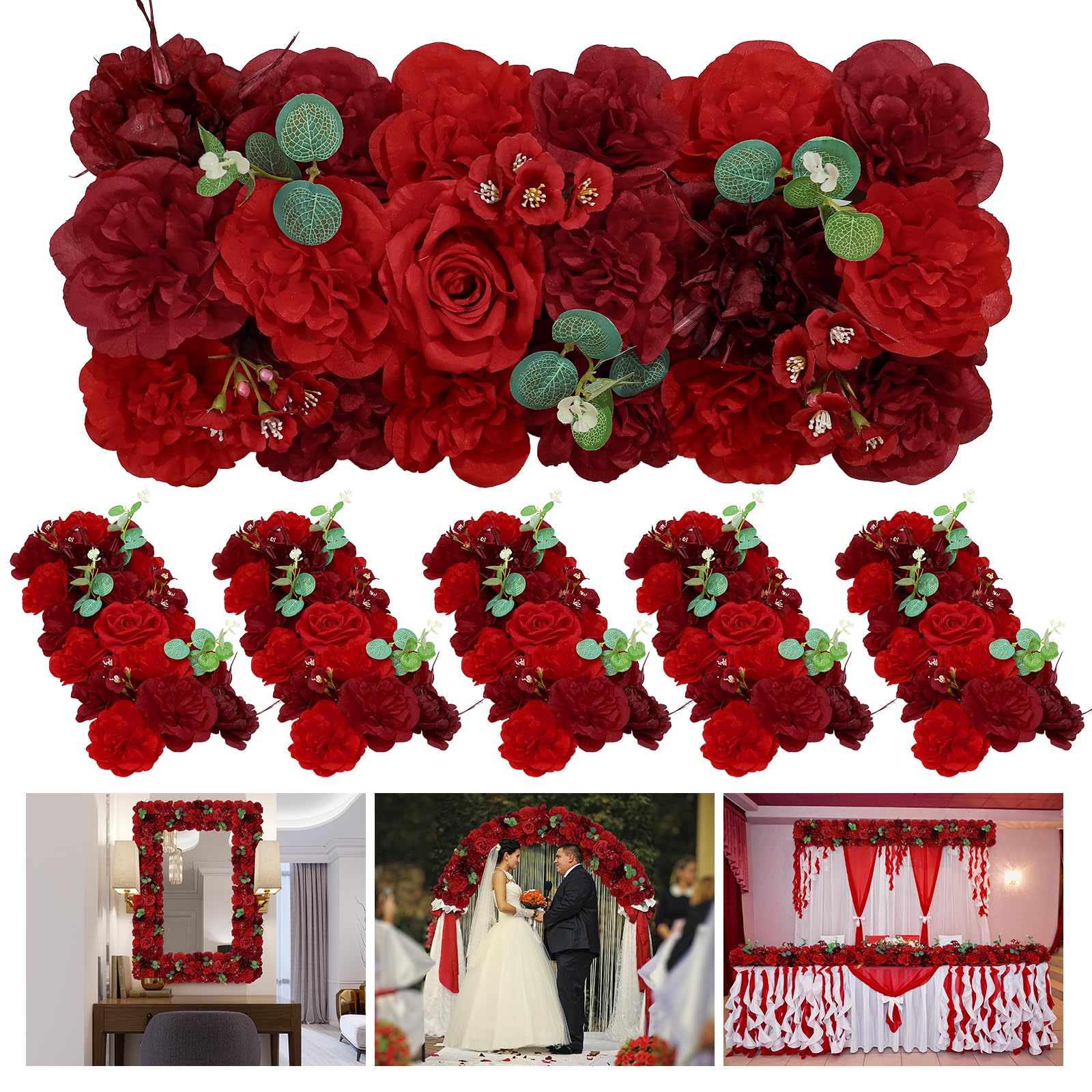 Wedding Arch Artificial Flowers Red - 6Pack Faux Floral Swags Rose Silk Peony Realistic Arch Faux Plastic Arrangement for Romantic Wedding Wall Reception Ceremony Welcome Sign Decoration