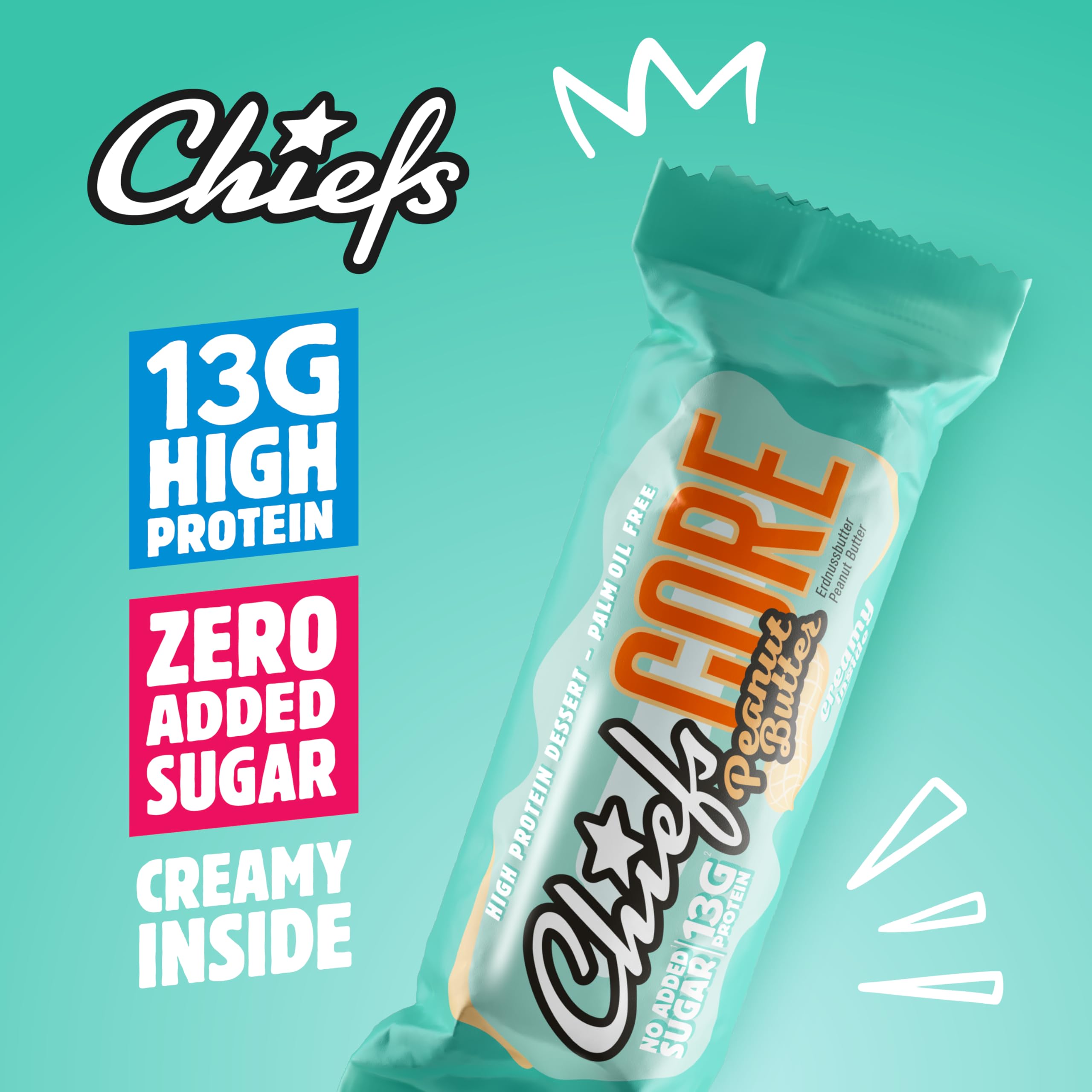 Chiefs Protein Core Bar (Peantu Butter) • Barre protéinée premium avec 13g de protéines & 163 kcal par barre • Sans sucre ajouté • Barre protéinée low sugar • Goût de Peanut • Pack de 12 (12 x 40g)