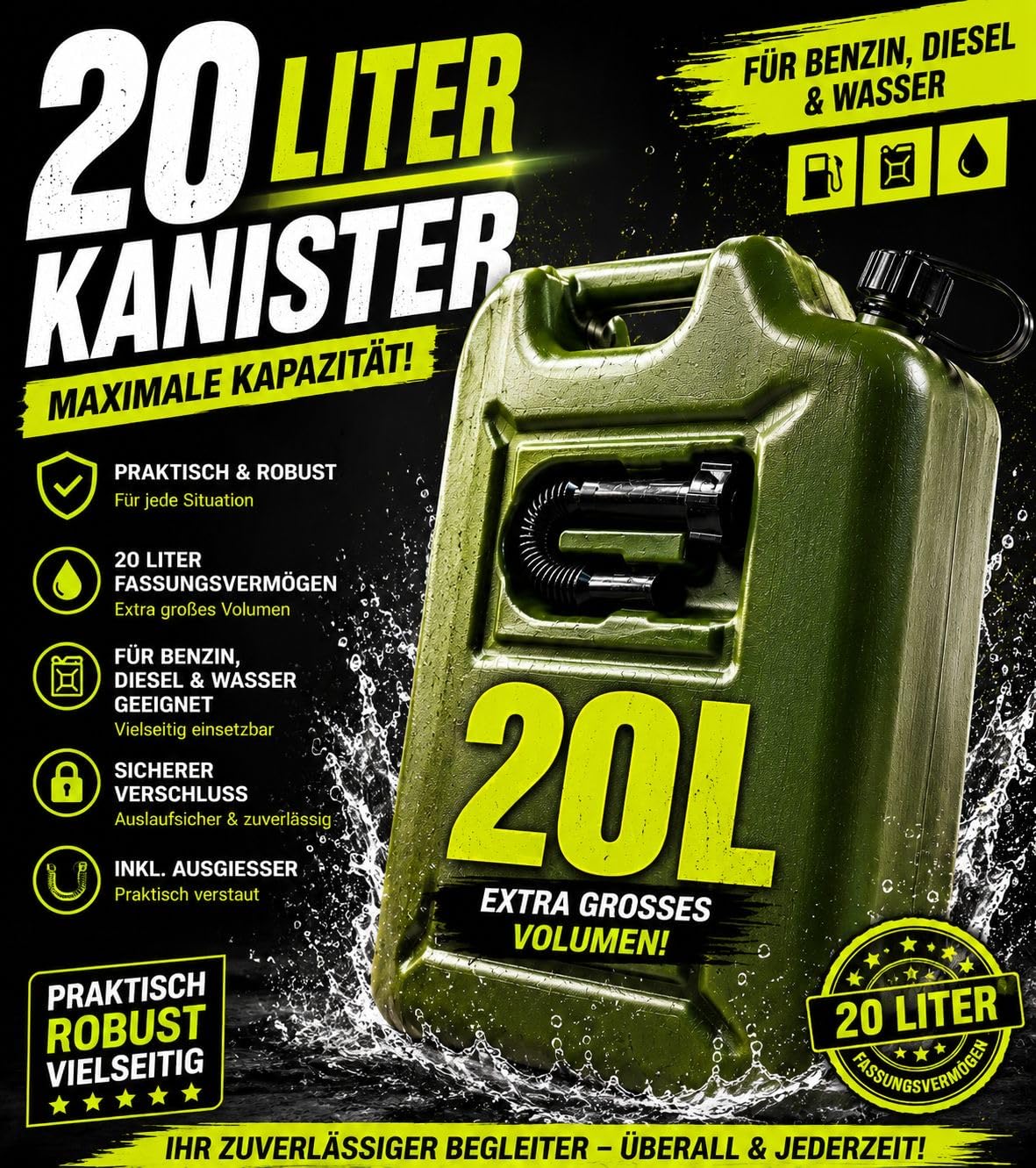 6x Benzinkanister 20L OLIVGRÜN Kunststoff Dieselkanister Reservekanister Kraftstoffkanister 20 Liter Kanister Wasserkanister für Benzin Diesel Wasser AdBlue, 20-Liter-Kanister Ausgießer Petrol Can, A