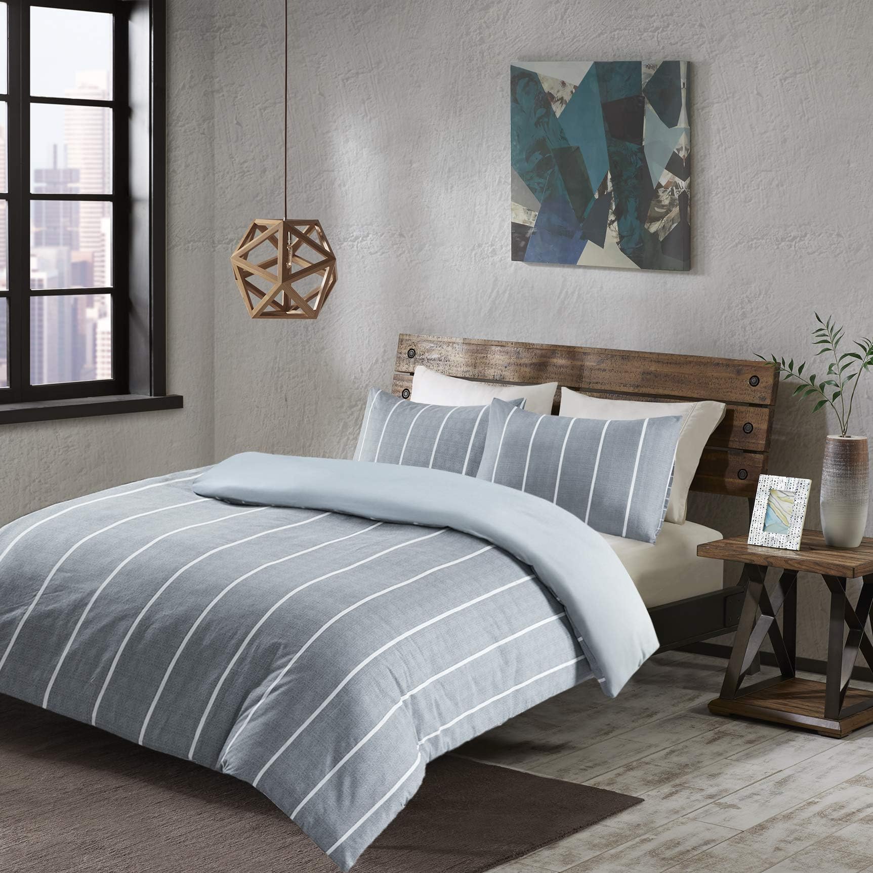 Eben Reversible Printed Duvet Cover Set Double Size - Grey & White Neatly Striped Motifs Design - 3 Pics Ultra Soft Hypoallergenic Microfiber Quilt Cover Sets