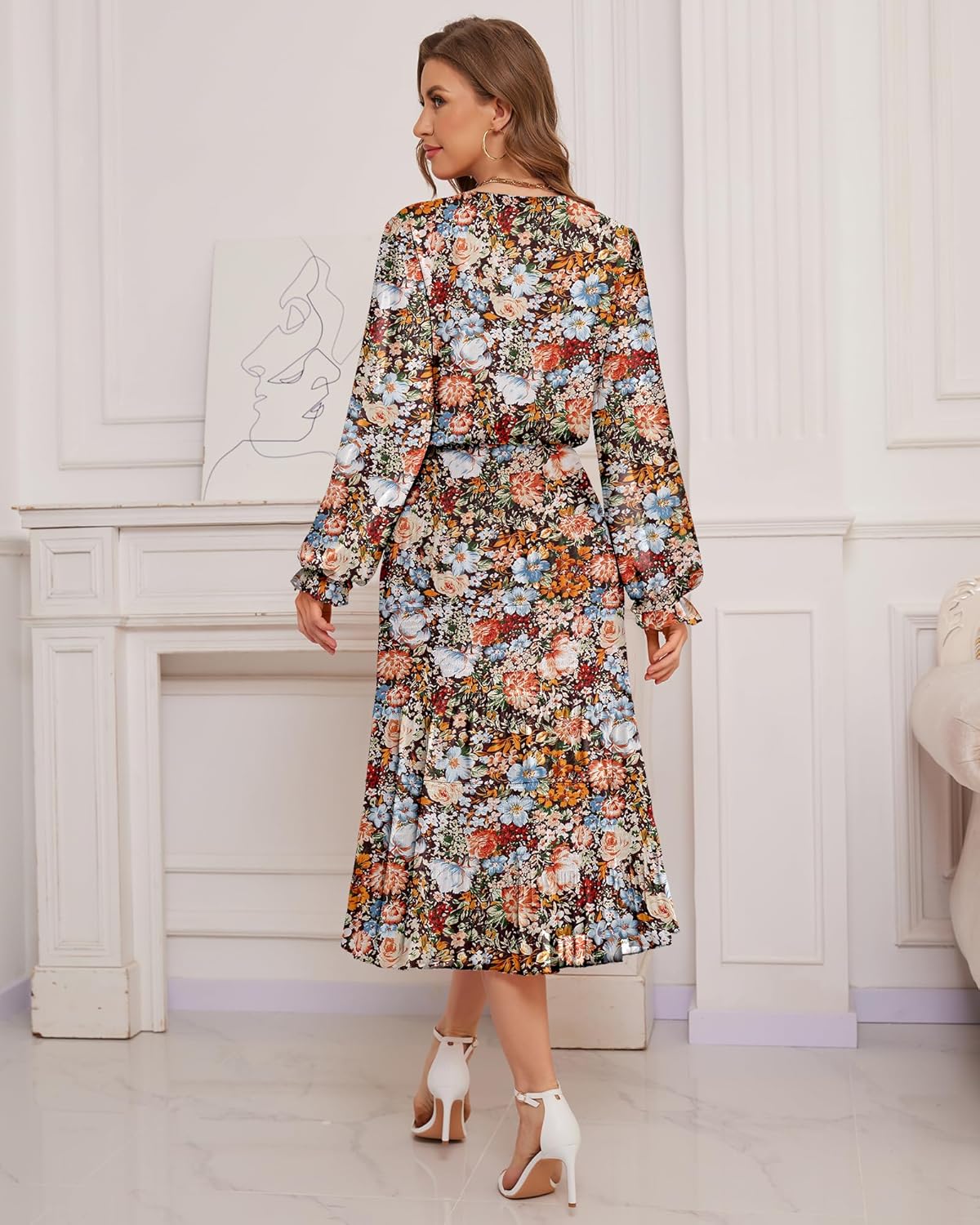 CYiNu Women's Midi Dresses Long Sleeve Crew Neck Flowy Casual Floral Boho Tiered Chiffon Smocked Elegant Dress - Image 6