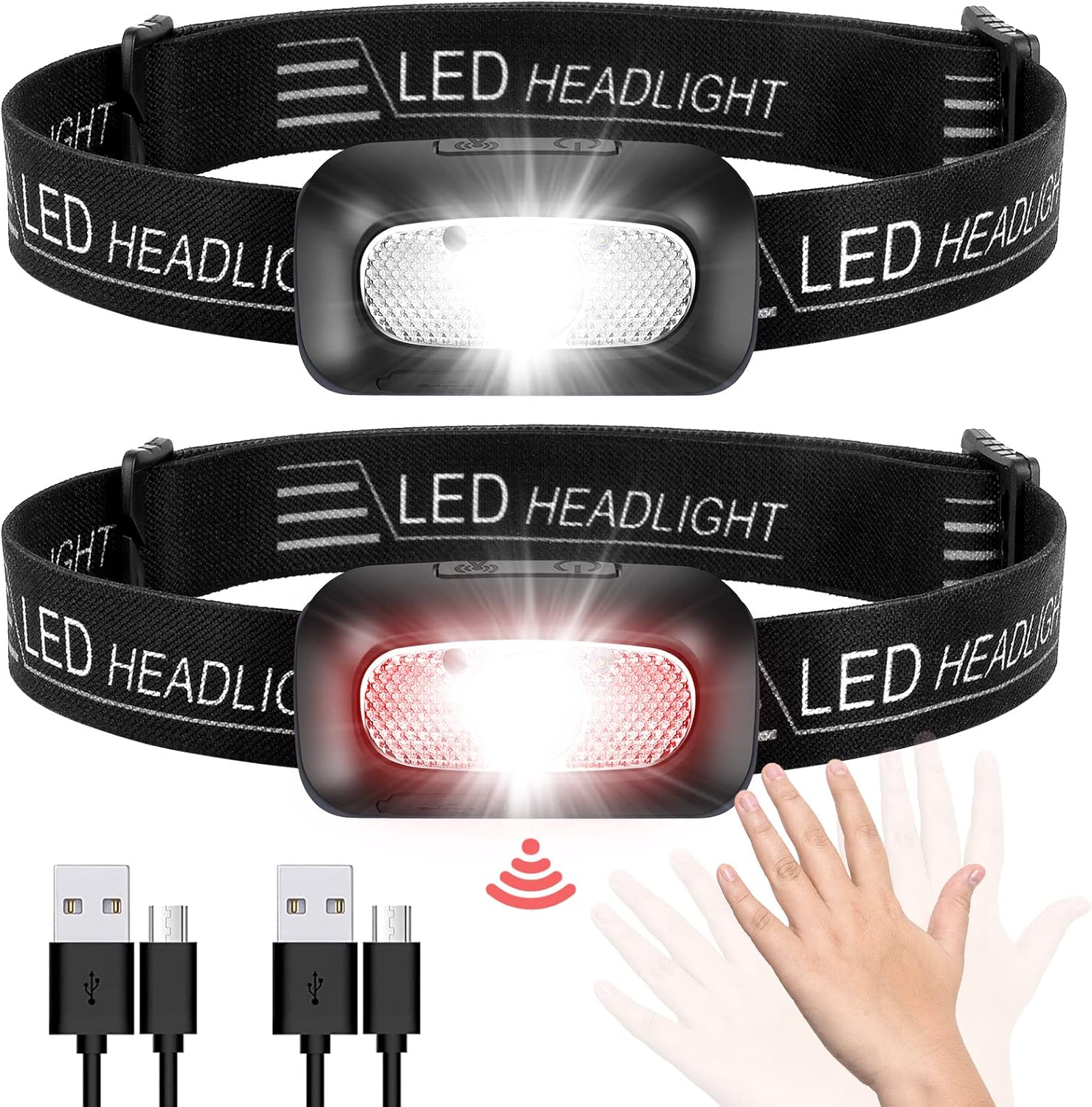 Headlamp Rechargeable 2 Pack LED Head Lamp with Motion Sensor, White Red Light, 11