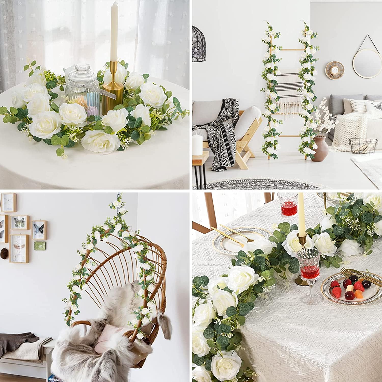2 Ghirlande Di Eucalipto Artificiale 1,8 M Ciascuna - Con Foglie Verdi E Fiori Bianchi - PVC Resistente UV - Per Matrimoni, Porte, Decorazione