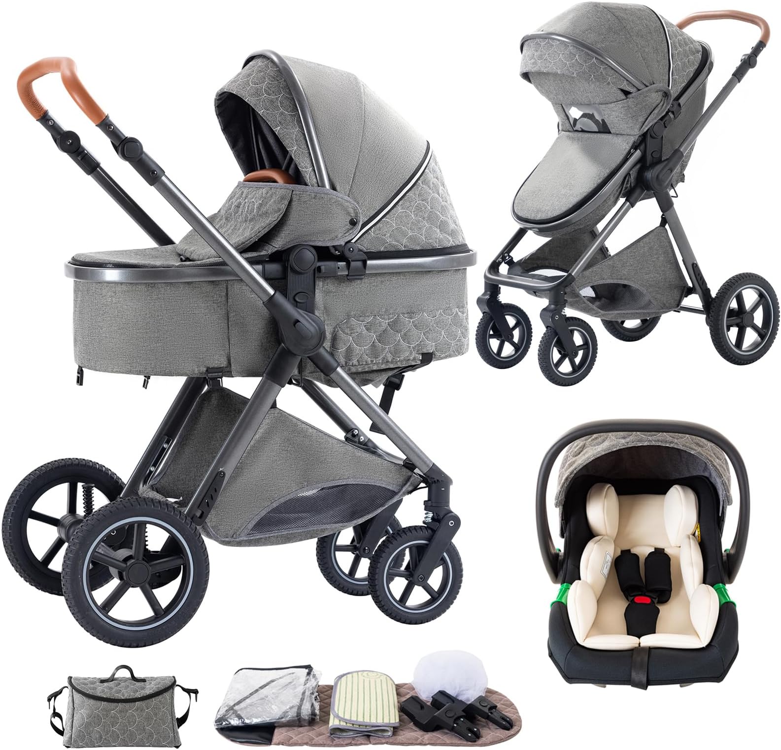 3 in 1 Baby Stroller with Height Adjustable Handle,3 in 1 Prams Travel System, Lightweight Foldable Pushchair, Prams with Aluminum Frame for Portable Baby Carriage