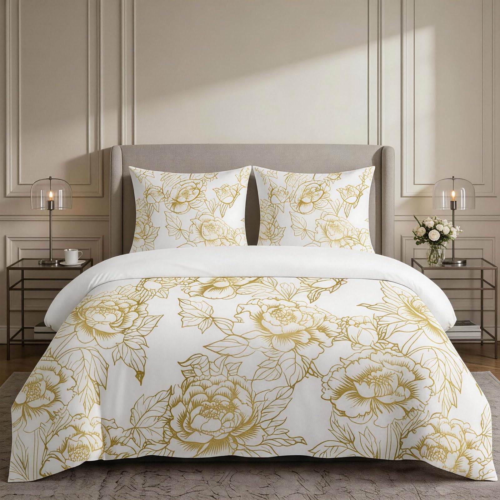 Housse de couette 160 x 200 cm pivoine dorée parure de lit 3 pièces microfibre