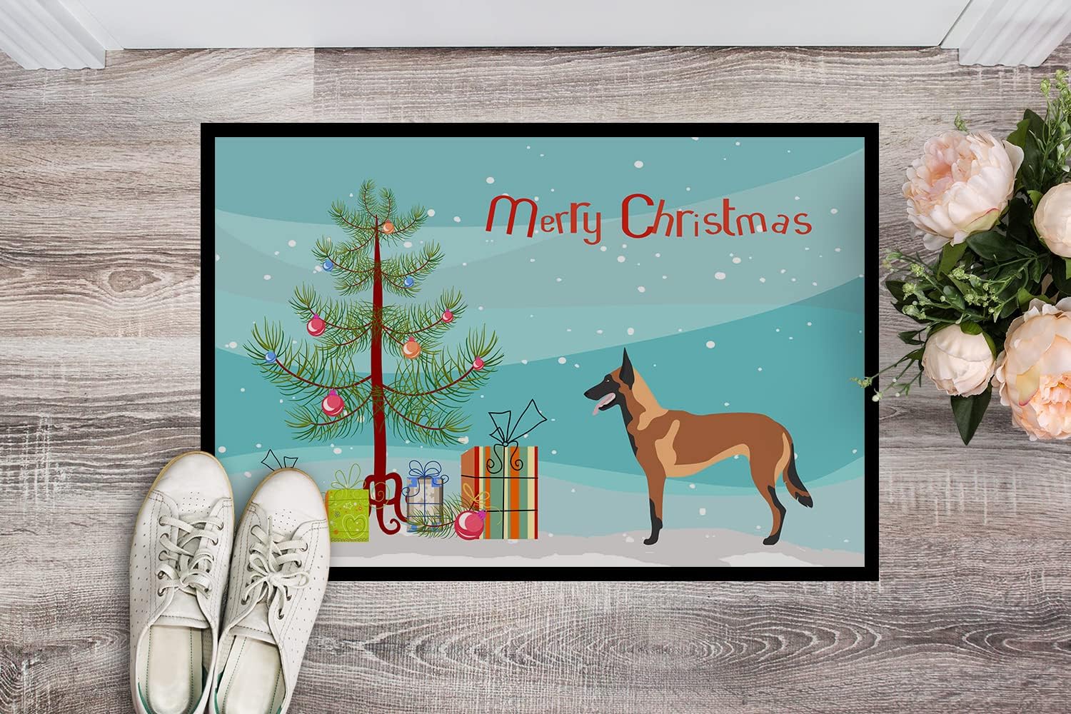 Caroline's Treasures BB8494MAT Malinois Belgian Shepherd Christmas Doormat 18x27 Front Door Mat Indoor Outdoor Rugs for Entryway, Non Slip Washable Low Pile, 18H X 27W