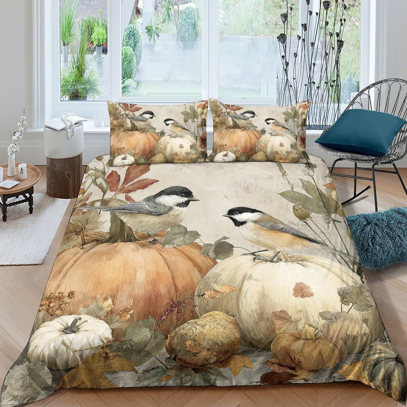 Ctjqhvkz Style-4 3D Printed Autumn Pumpkin Fitted Sheet Microfiber Soft Bird Forest Mattress Cover Bedroom Decor Machine Washable Single（135X200cm）