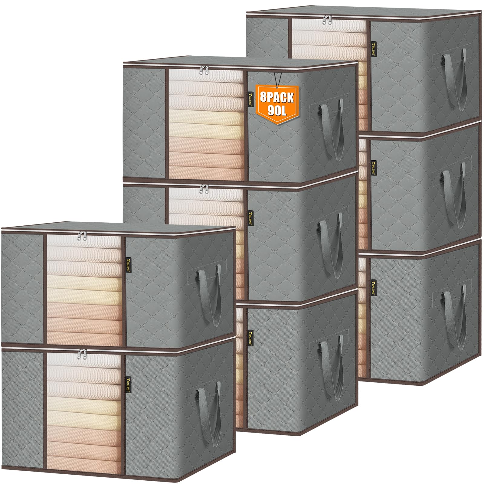 BALEINE8 Pack Clothes Storage Bags, 24 Gallon Storage Containers with Reinforced Handle Sturdy Zipper, Closet Storage for Blanket Comforter Pillow Bedding (Grey, 8 Pack)