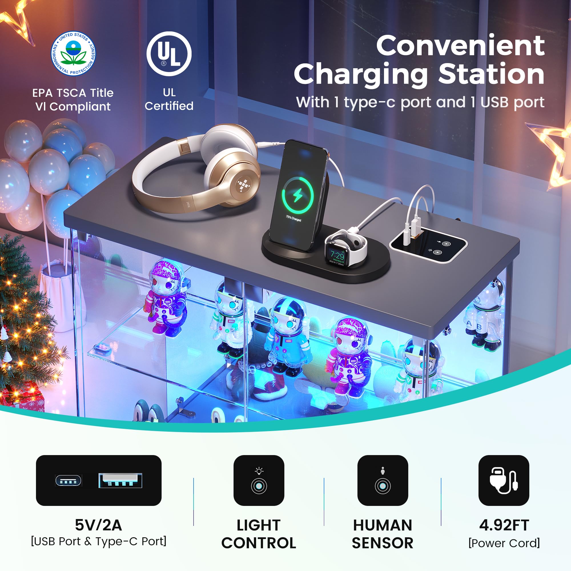 FREDEES Vitrina de cristal transparente con luz LED, compacta de 2 niveles con estación de carga y sensor de movimiento, para figuras de acción, coleccionables, modelos de coche y perfume, color gris