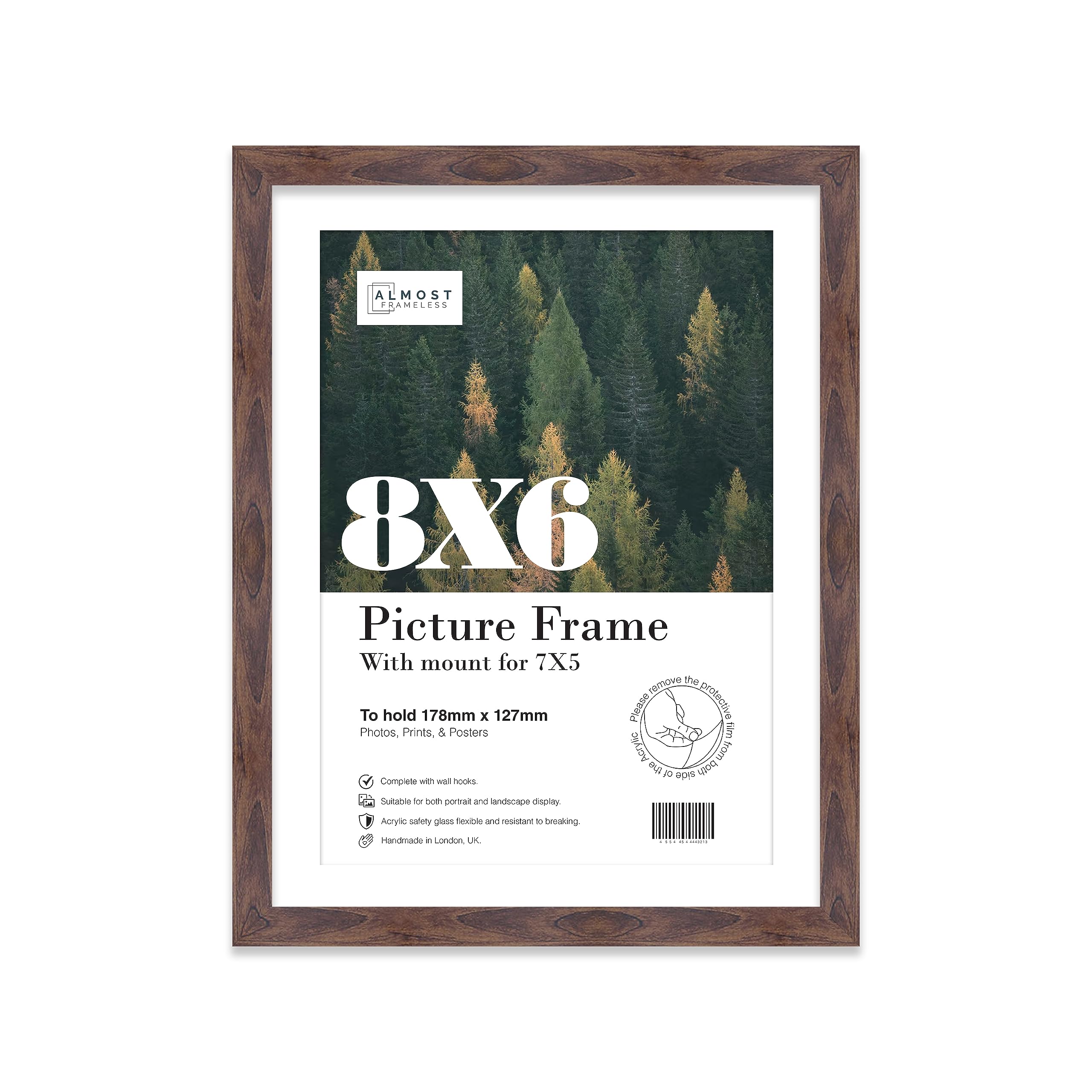 Almost Frameless 8x6 Walnut Picture Frame With Mount for 7x5 Print, Poster or Photo Poster, Photo, Artwork, or Print. Thin Edge Slim Frame Portrait and Landscape Display with Wall Hooks
