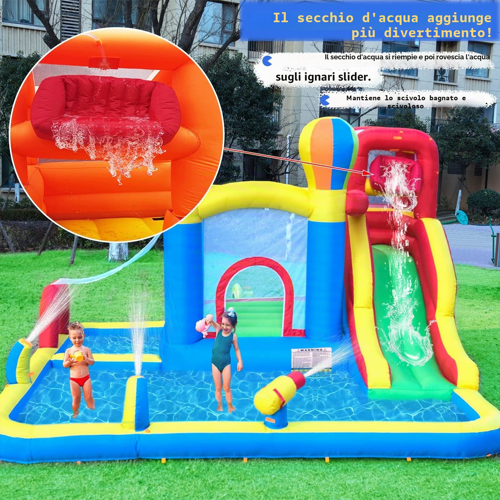 Baralir Castello gonfiabile con ventilatore, Parco acquatico, Scivolo a secco/Acqua, 343x338x202 cm, Castello gonfiabile interno/esterno, I migliori regali di vacanza/Compleanno per bambini