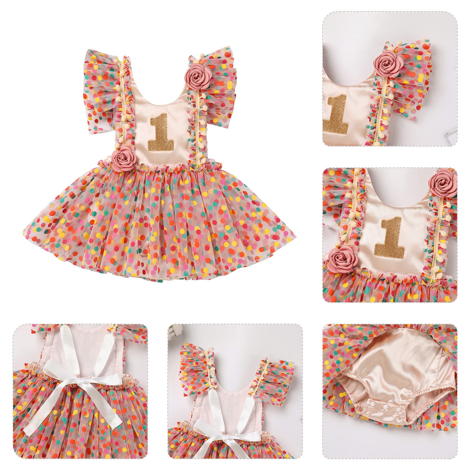 IDOPIP Baby Girls Boho Romper Tutu Dress Daisy Polka Dot Print Ruffle Backless Tutu Princess 1st Birthday Party Dresses Outfit Apricot + Polka Dot 1 Year
