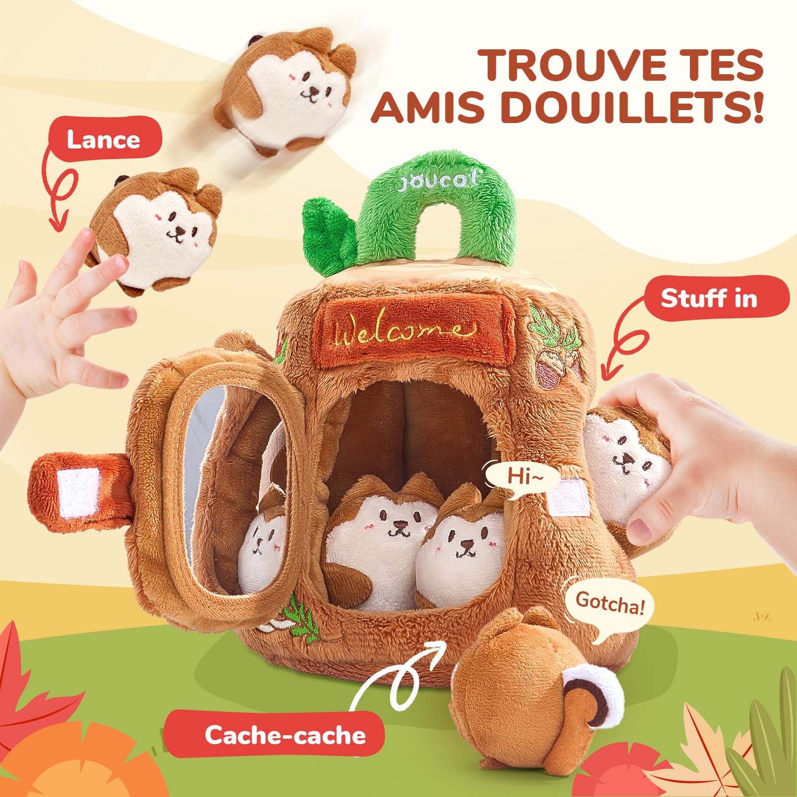 JoyCat Jouet Bebe 6-12 Mois, Cabane en Peluche avec 5 Écureuils, Hochet, Miroir, Jouet Sensoriel Montessori Bébé 6 Mois, Cadeau Bebe Enfant Garçon et Fille 1 an