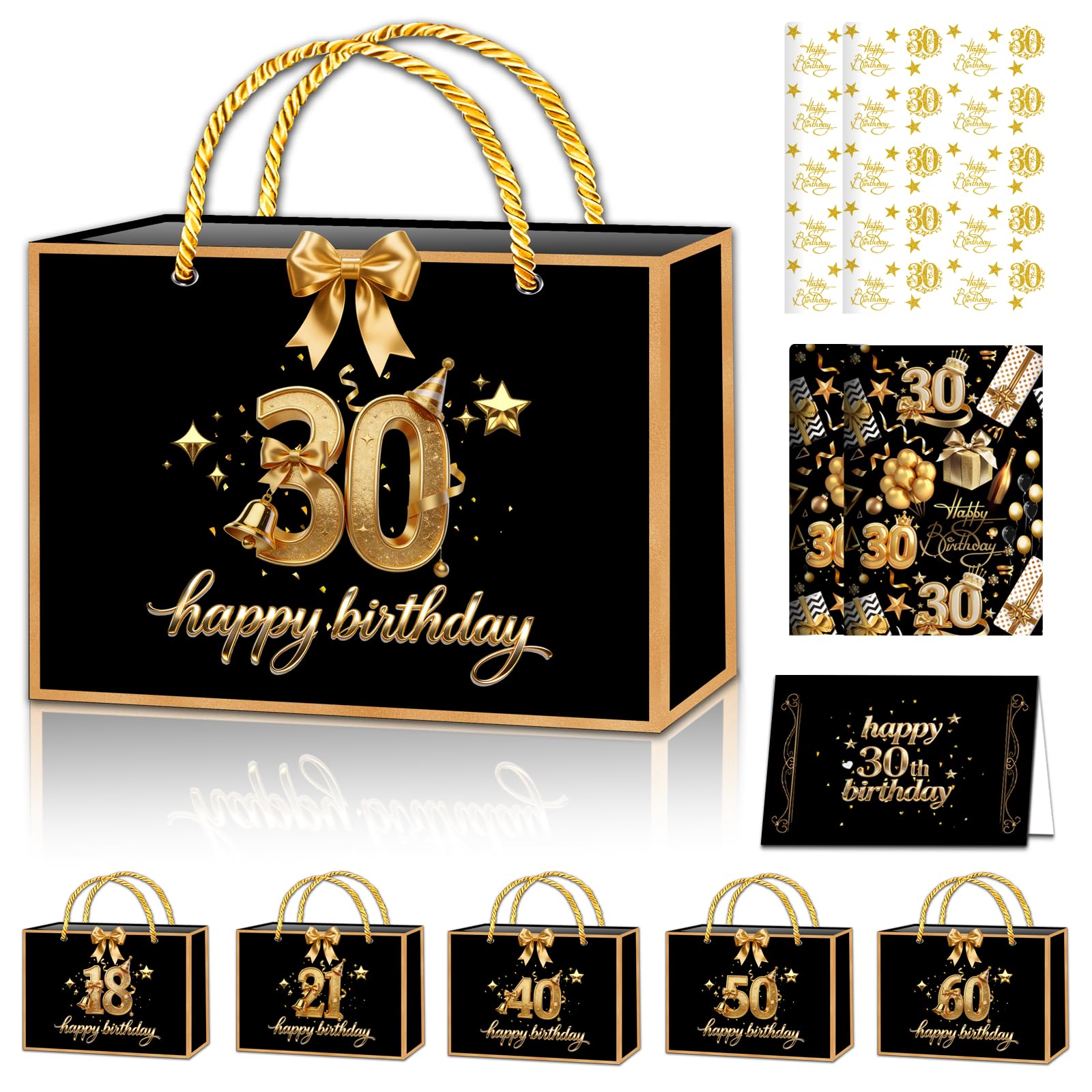 POPOYU Black Gold 30th Birthday Gift Bag with 30thBirthday Wrapping Paper and Birthday Card,Ribbon,30th Birthday Wrapping Paper for Women,Tissue Paper Sheets for BirthdayGifts Wrapping,DIY Art Crafts
