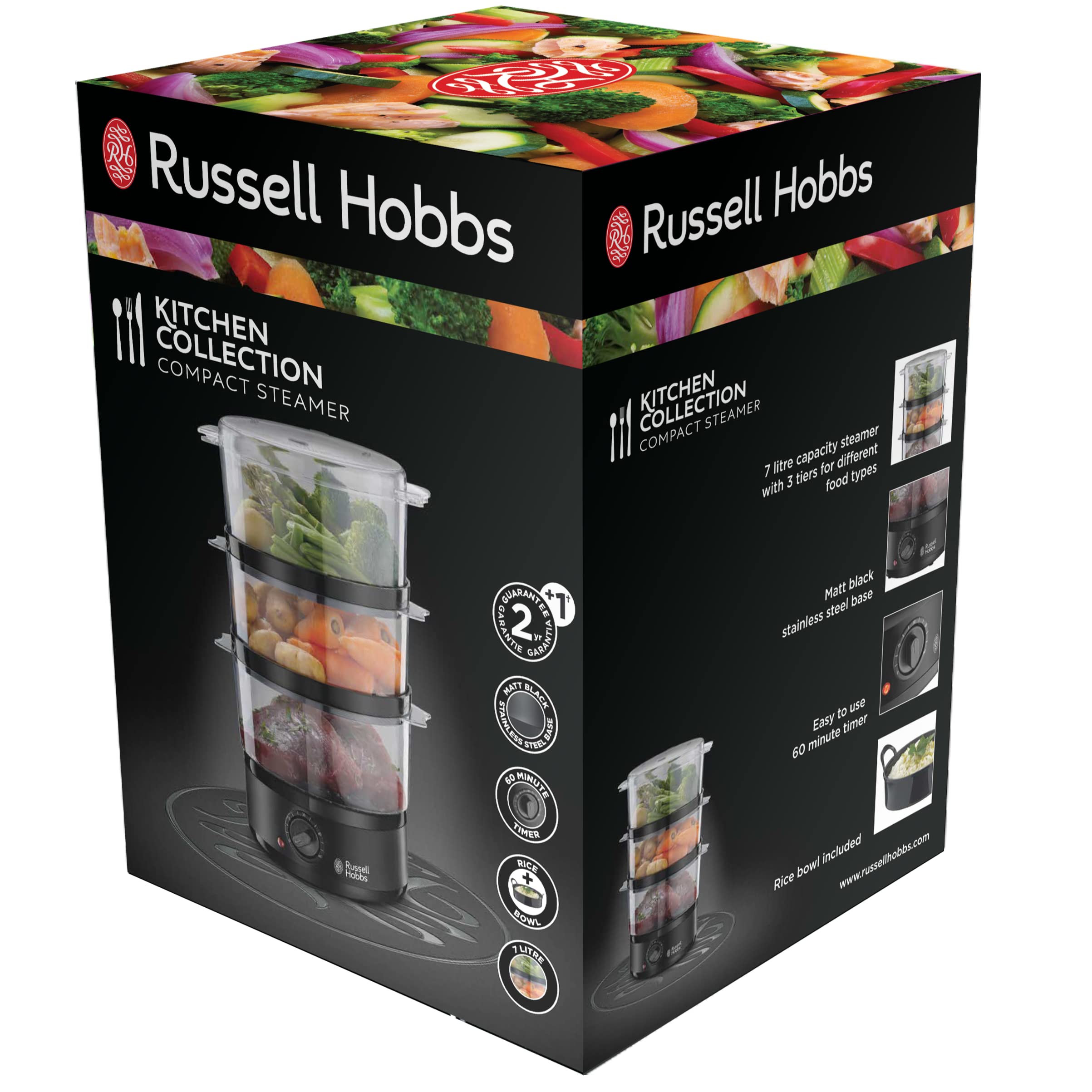 Russell Hobbs Cuiseur Vapeur Ultra Compact Noir mat 400W 7L 3 niveaux 26530-56