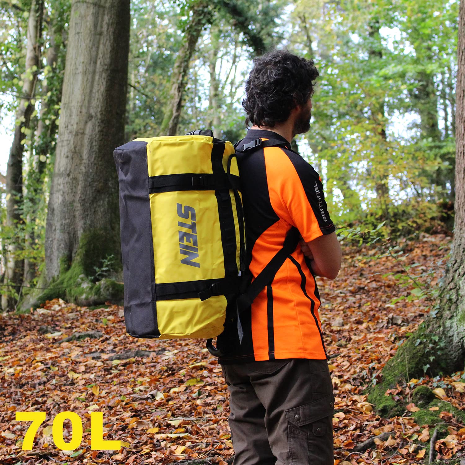 Wasserabweisende Reisetasche 40L/70L/90L – Umwandelbarer Rucksack Kit Tasche mit PVC-Plane, Kompressionsriemen & gepolsterten Schultergurten – STEIN Metro Outdoor Reise & Sporttasche, Orange, 70 l