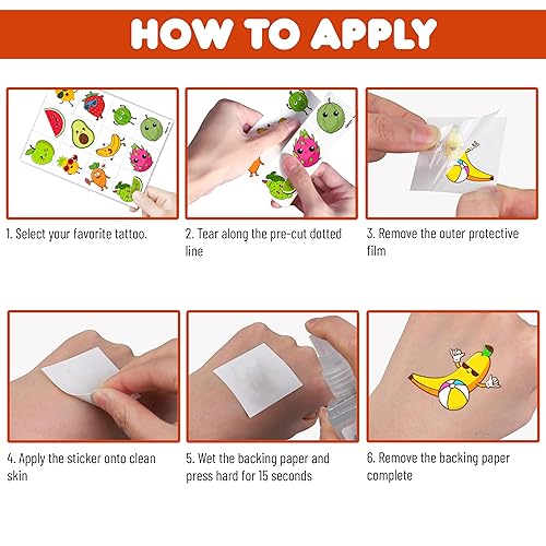 Miniatura 6 de 96 tatuajes temporales precortados de frutas para niños, suministros de fiesta de cumpleaños con temática de verano, lindo limón, naranja, fresa,