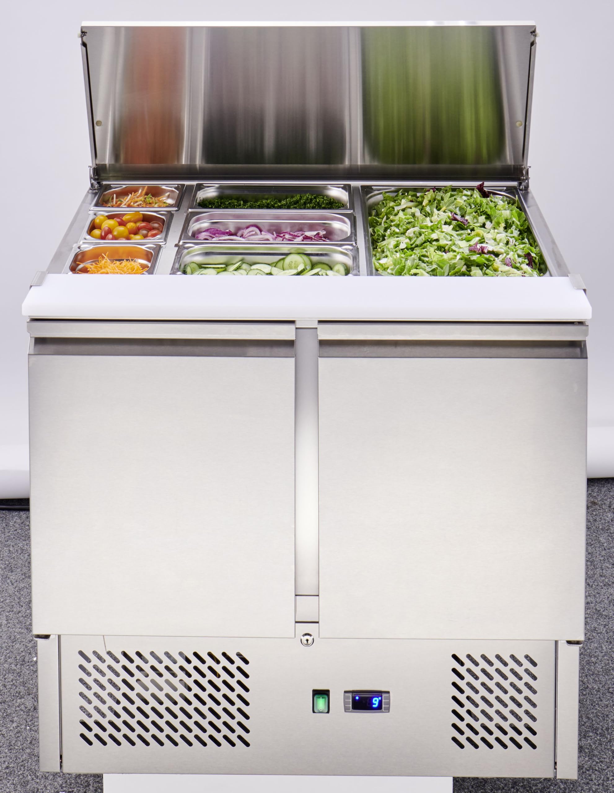 METRO Professional Saladette refrigerata GSA3600GN, acciaio inox, 90 x 70 x 88.8 cm, 239 L, con 10 vaschette GN, con serratura, argento (Con vaschette GN)