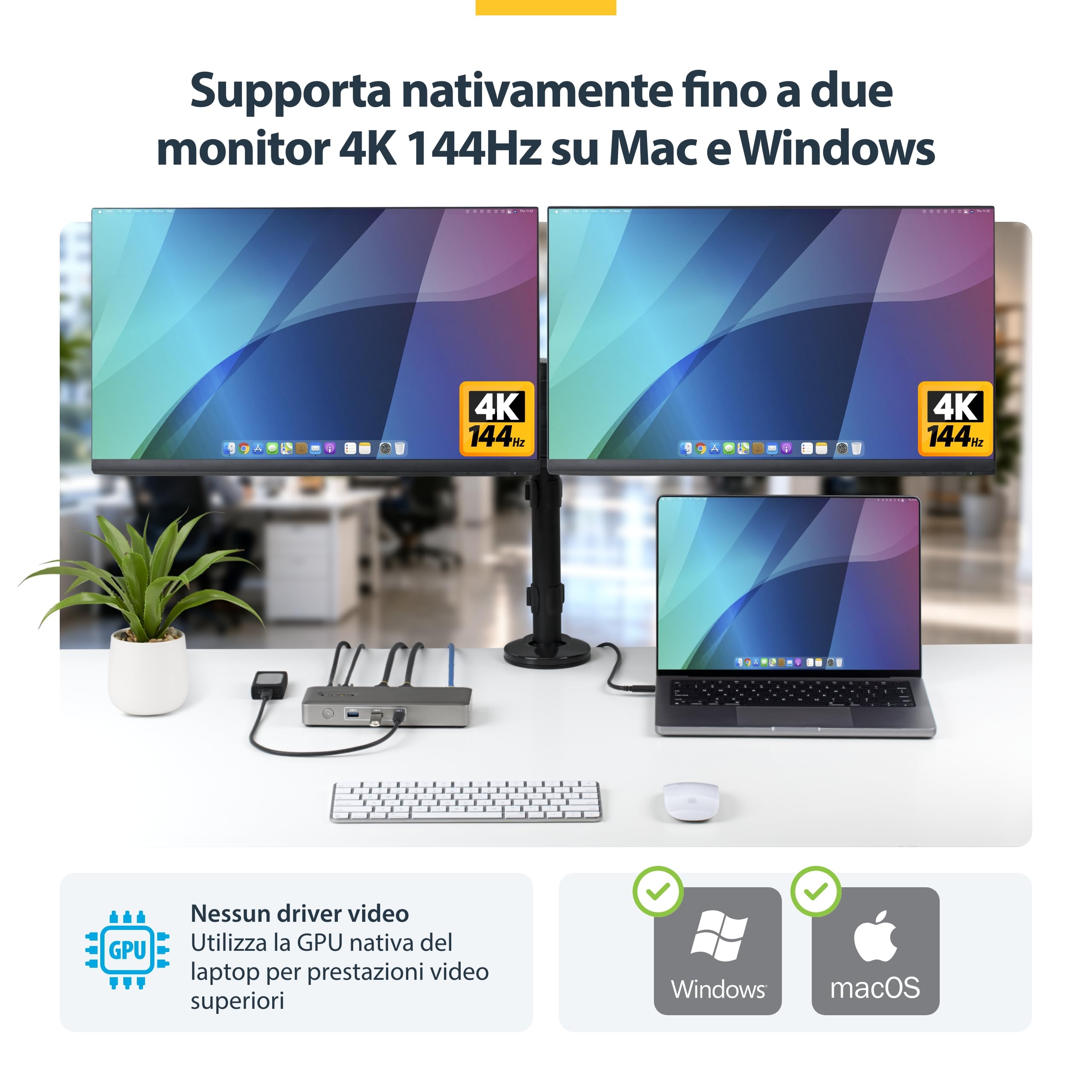 StarTech Docking Station USB4, Doppio Monitor 4K senza Driver per macOS e Windows, Dock USB-C Universale con Power Delivery da 100W per Laptop, Ethernet 2,5GbE