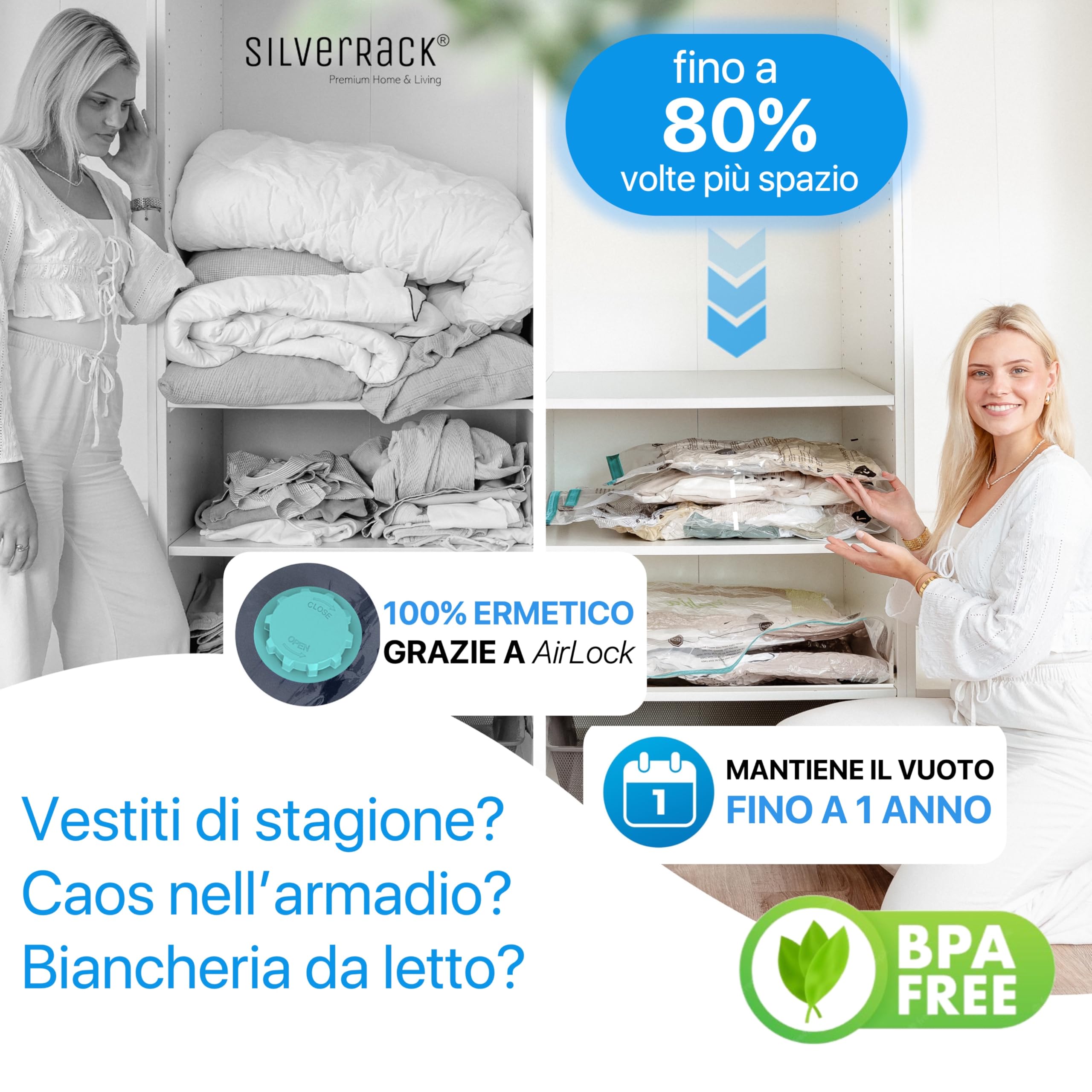 SilverRack XL Jumbo Sacchetti per Sottovuoto per Abbigliamento, Viaggi e Piumini [15 Pezzi] - INCLUSA POMPETTA e ETICHETTE in (3 da 40 x 60 cm (Rotolamento da Viaggio) / 3 da 40 x 60 cm / 3 da 50 x 70