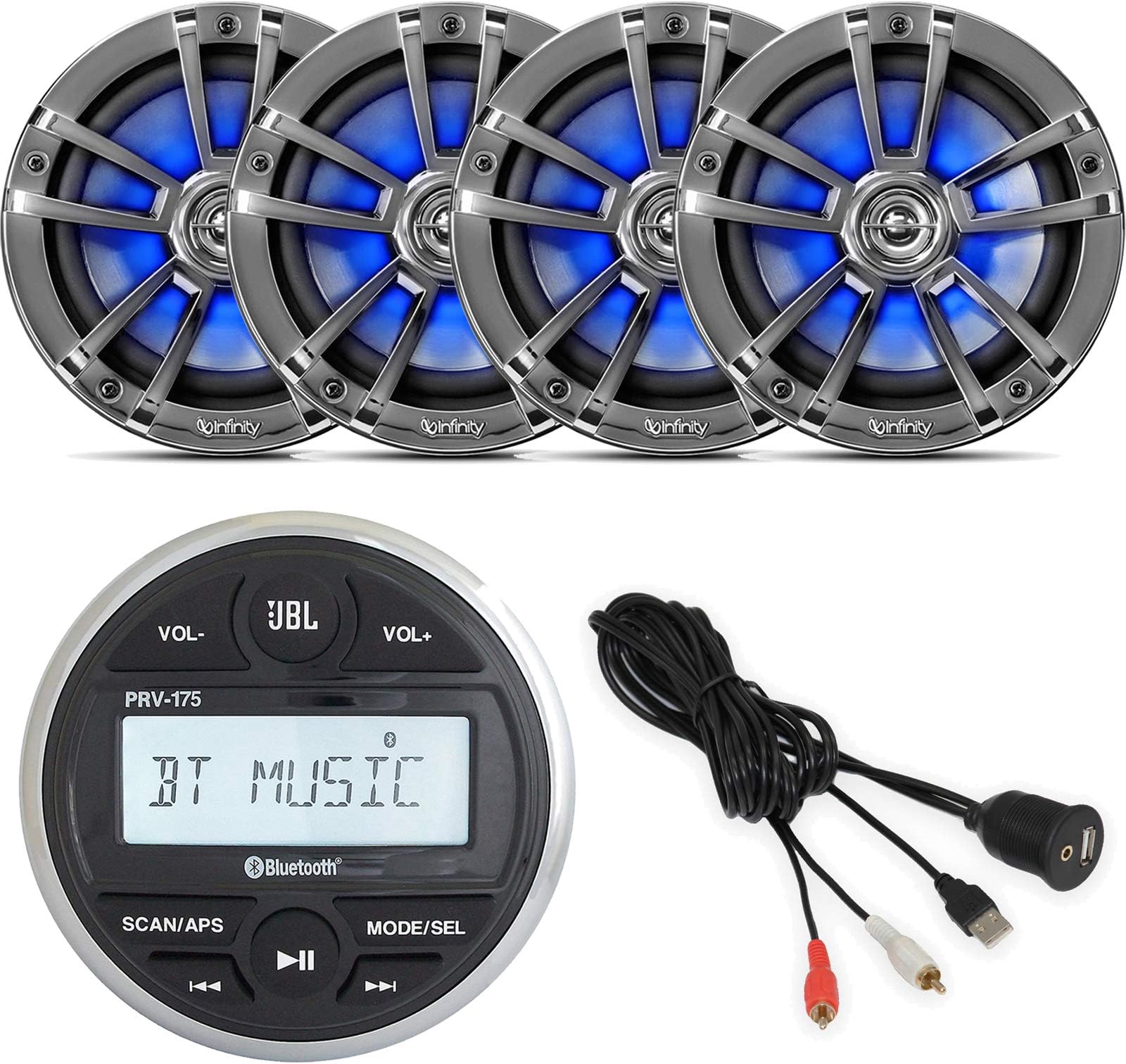 Gauge Style Marine Boat Digital Media Bluetooth Receiver Bundle Combo with 4 x Infinity Reference 6.5" High-Performance 2-Way Chrome LED Speakers, Enrock USB 3.5MM AUX To RCA Interface Mount Cable
