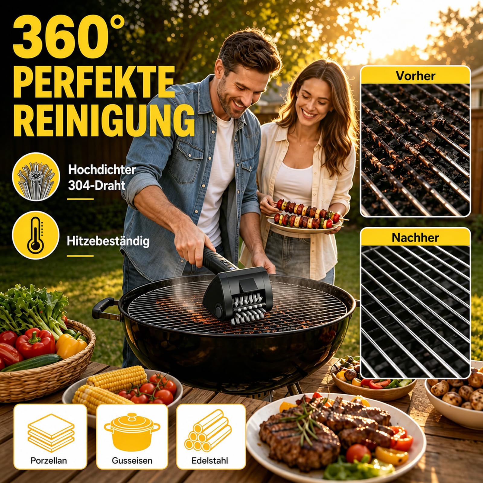 KINGLEAD Elektrische Grillbürste Kabellose BBQ Reinigungsbürste 4000 mAh | 2 Geschwindigkeiten, Edelstahl 304 Bürstenkopf, LED Licht, Schaber & Handschuhe für einfache Grillreinigung