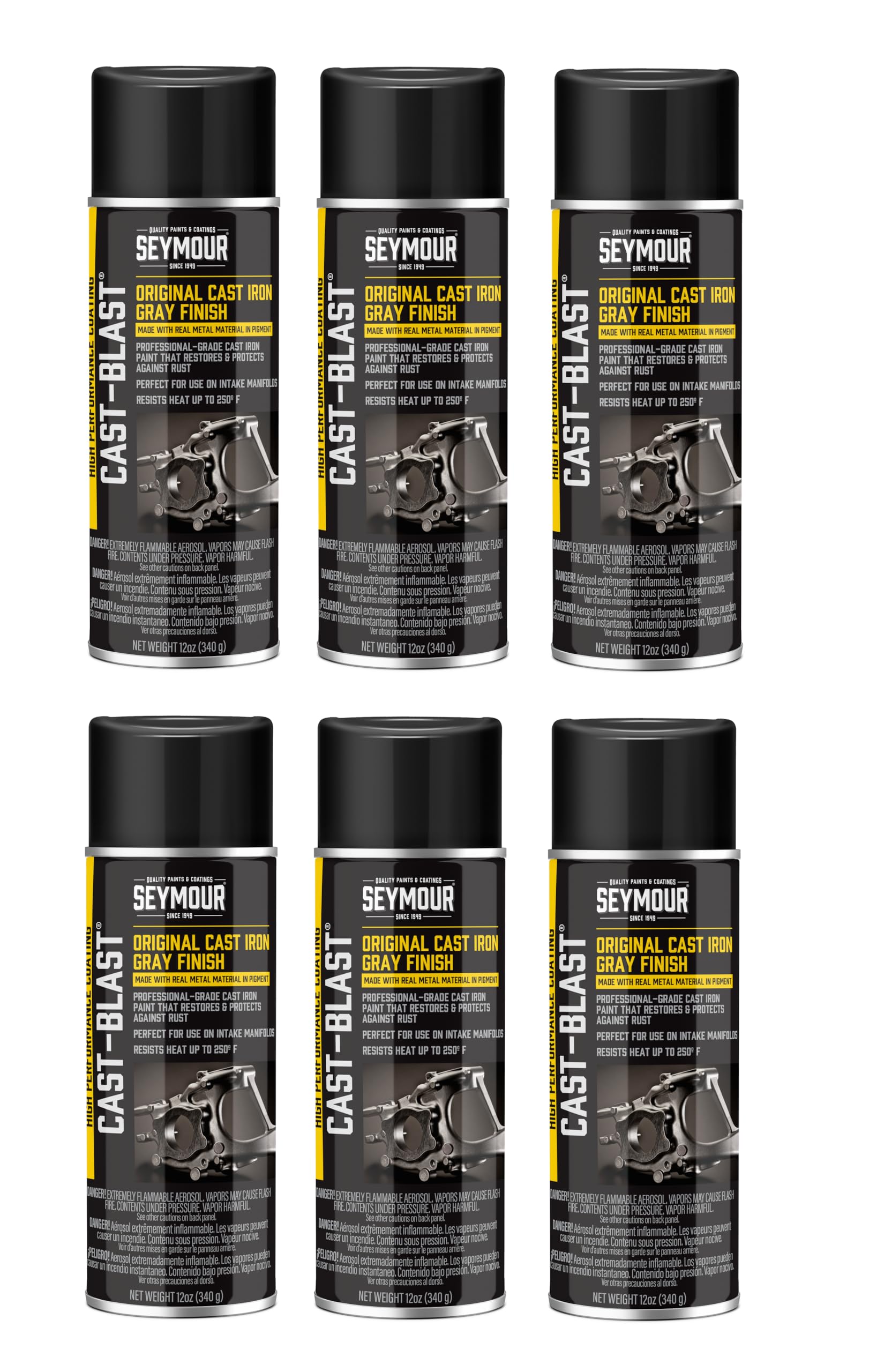 16-48 Seymour Cast-Blast Automotive Cast Iron Spray Paint (12 oz, 6-Pack / 72 oz Total) | Bulk Case Cast Iron Gray Coating with Metal Paste for Engine