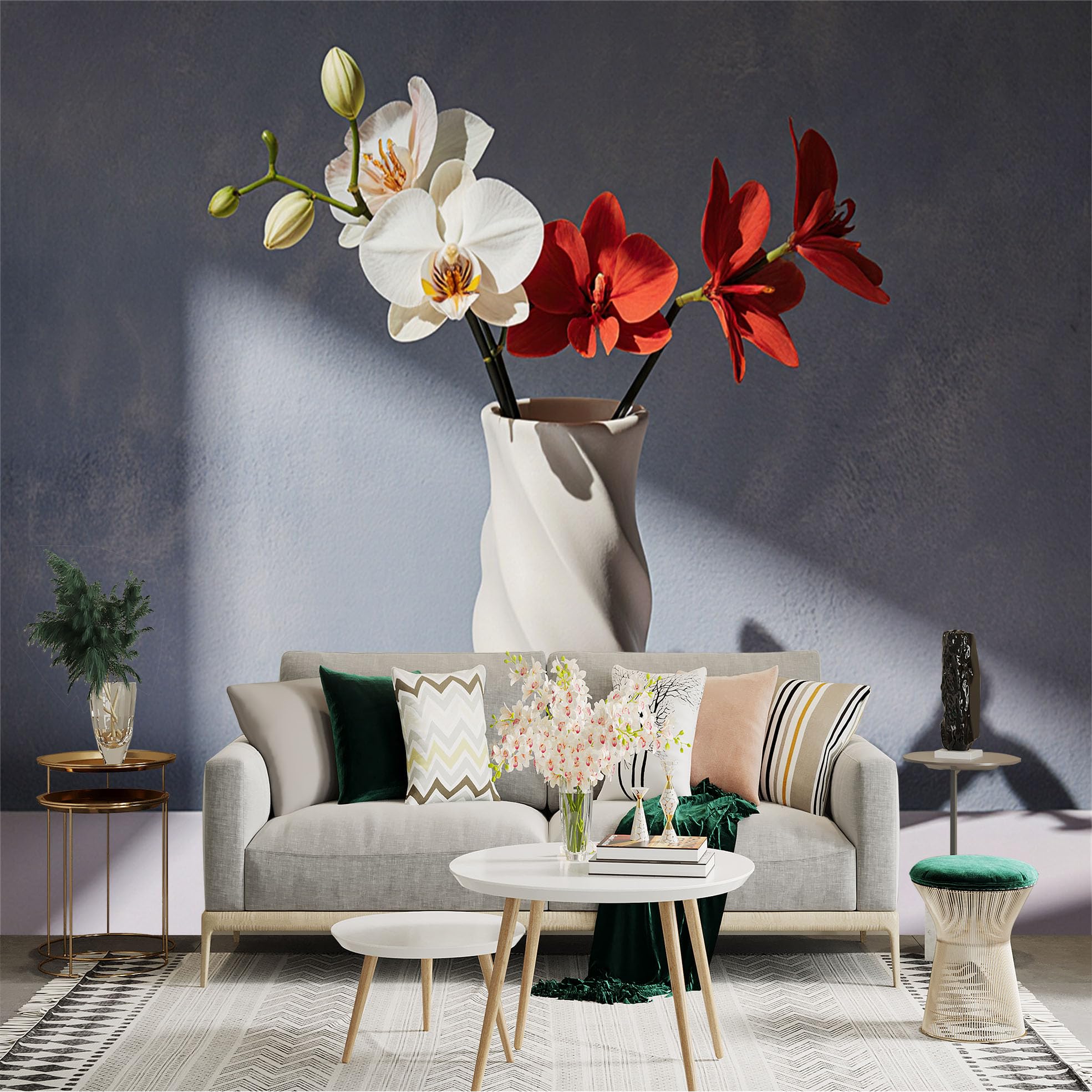 Custom Size Wall Sticker Mural， Elegant White and Red Orchid Bouquet， Minimalist Modern Ceramic Vase， Soft Sunlight Shadow， for wall Decoration， peelandstick wall Decals.