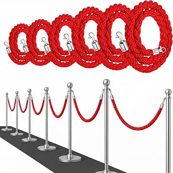 5FT Red Braided Stanchion Rope Set 6 Pack Thick Twisted VIP Ropes for Stanchion Posts Elegant Crowd Control Stanchions and Rope Barrier for Events and Parties