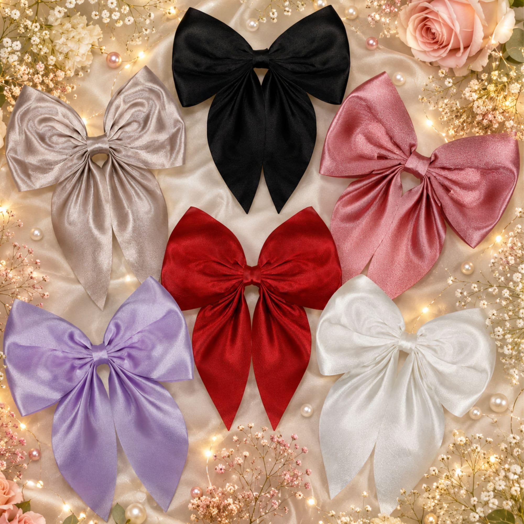 LUXELOCKS Satin Hair Bow Clips, set of 6, Red, White, Black, Beige, Pink, Purple-picture-13