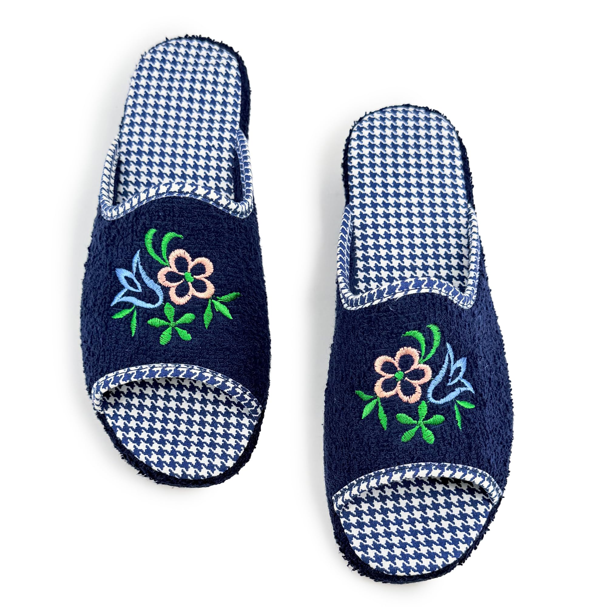 JOMIX Chaussons Éponge Ouverte Femme Maison Été Talon Compensé Semelle Liège Confortables avec Broderie pour Dame Souple Légères