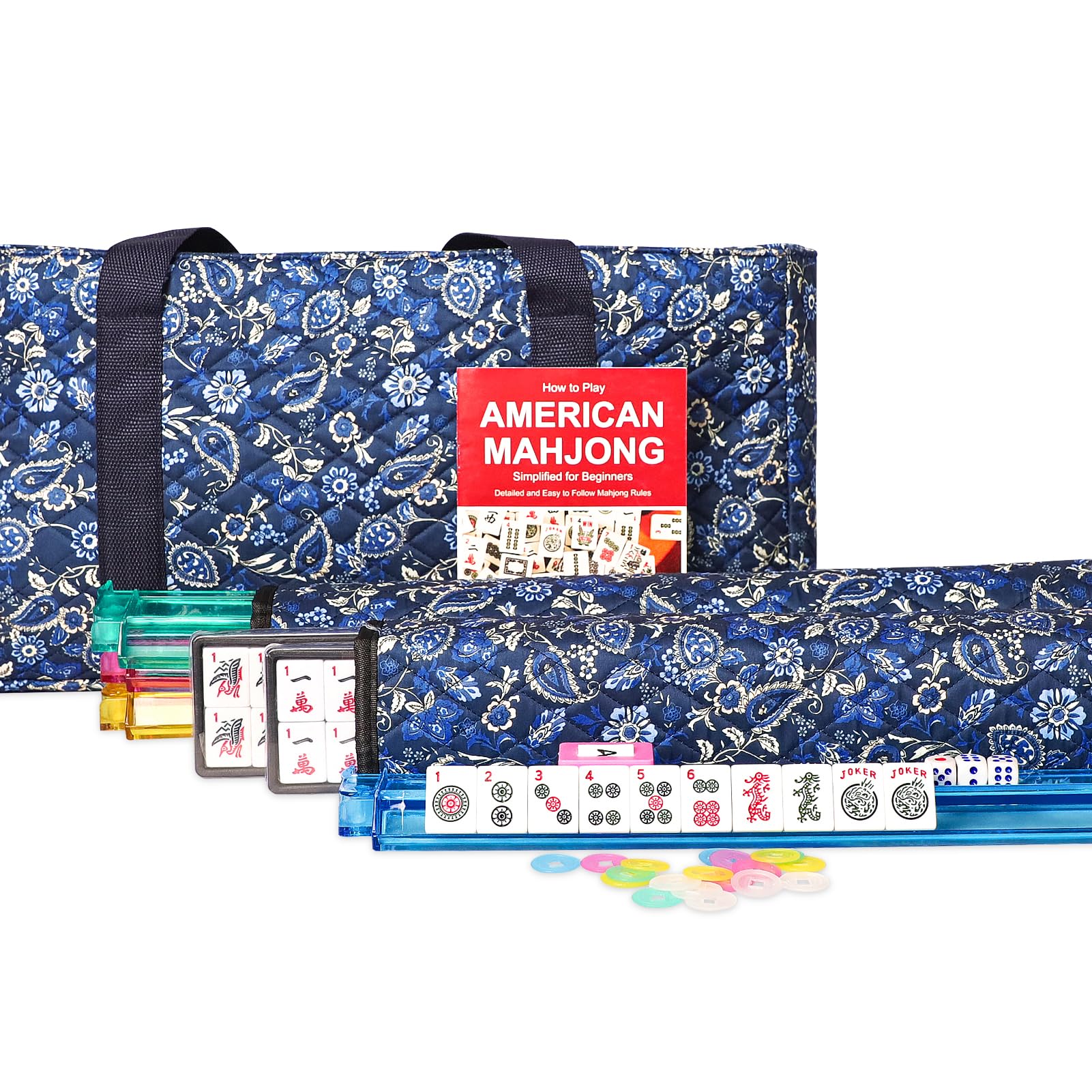 Jongyance American Mahjong Game Set,Mah Jongg Tile Set,Blue Soft Carrying Bag,166 Tiles,4 All-in-One Color Rack/Pushers,100 Chips,1 Wind Indicator(Ma Jong,Mah-Jongg, Majiang