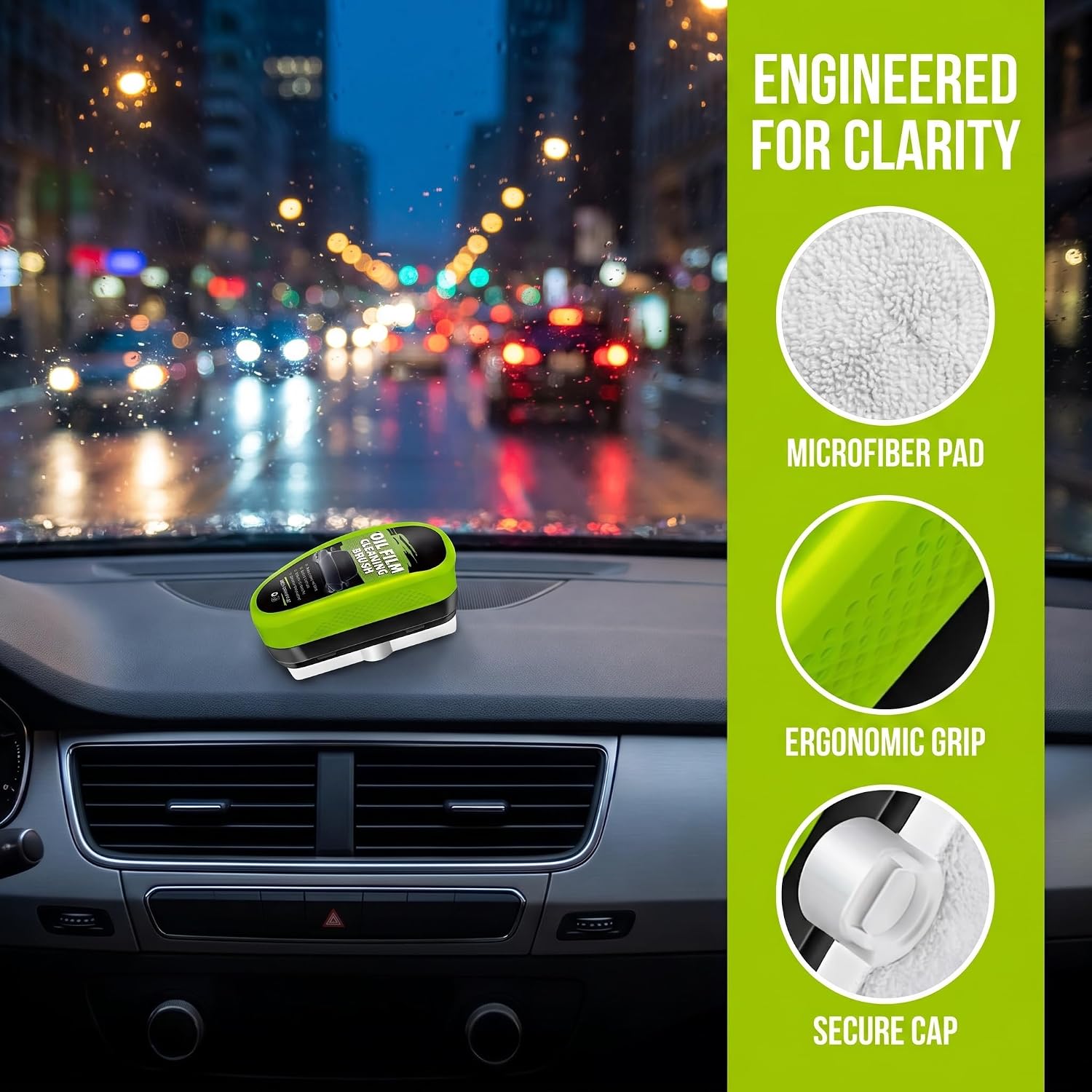 Automotive Oil Film Cleaning Brush, Glass Coating for Windshield Glass Oil Film Remover, Handheld Glasses Remover Window Improves Clarity and Visibility,150ML Green Windshield Cleaner Coating
