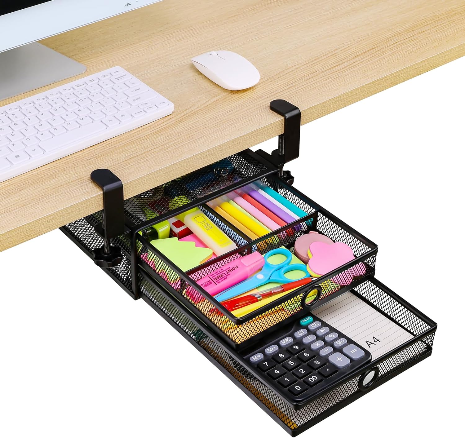 ROSYLINE Under Desk Drawer Organizer, Clamp on Under Desk 2 Tier Slide Out Drawer, Desk Above or Below Mesh Storage Drawer, Metal Under Desk Drawer Storage for Home and Office (Black - 2 Tier)