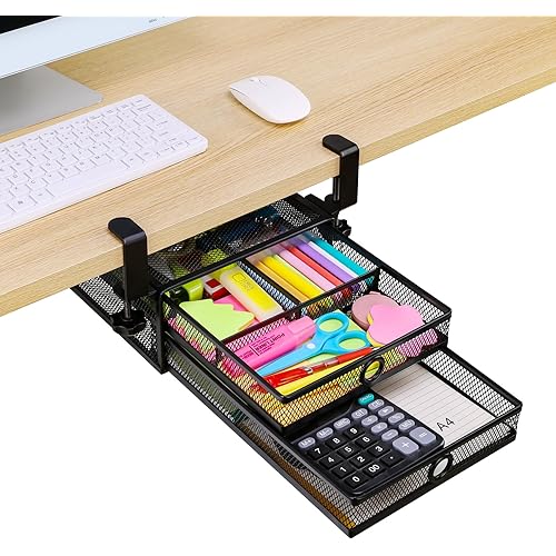 ROSLINE Under Desk & Desktop Drawer Organizer - 2-Tier Metal Slide Out Drawers Organizer, Storage for Home Office Desk (Black)