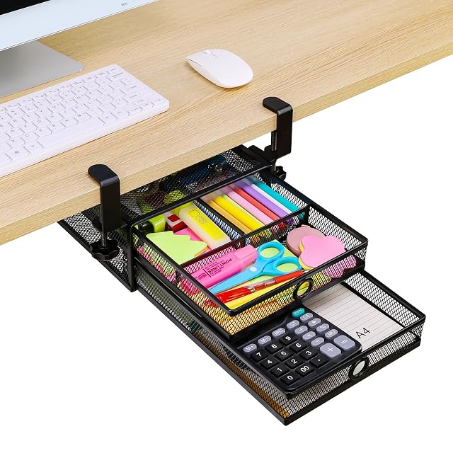 ROSYLINE Under Desk Desktop Drawer Organizer - 2-Tier Metal Slide Out Drawers Organizer Storage for Home Office Desk