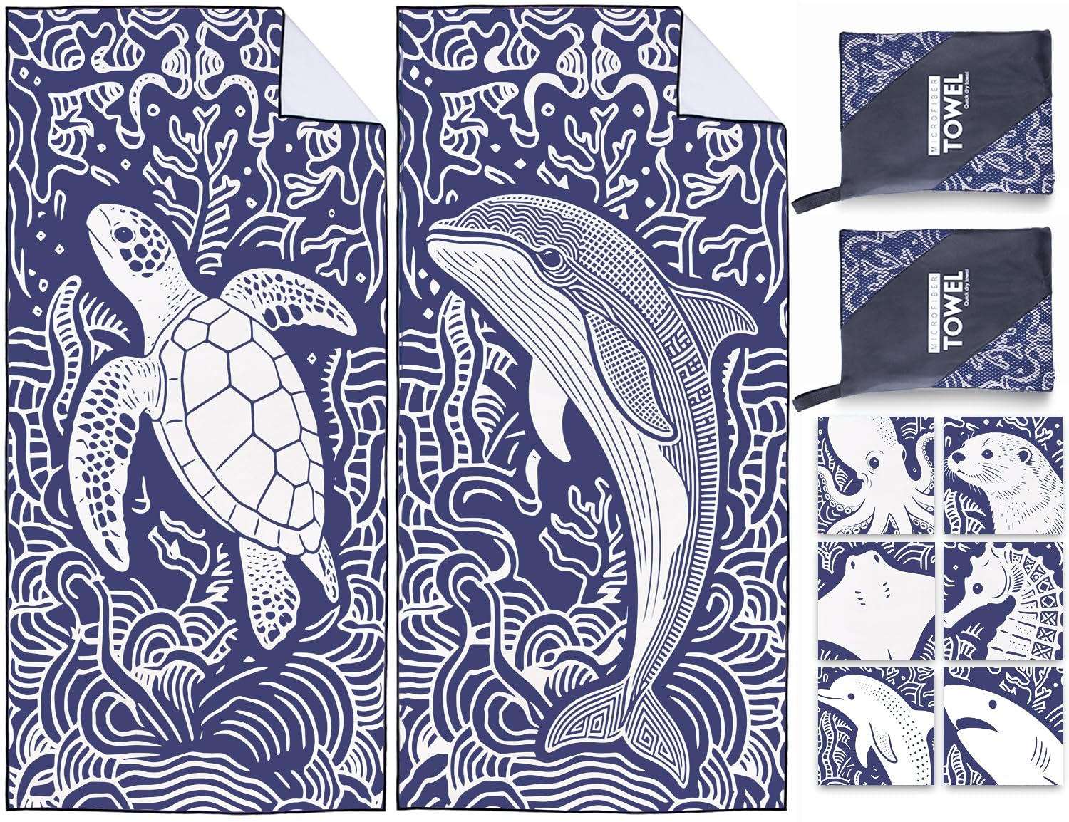 Violetpos 2 Pack Extra Large 180x90 cm Beach Towels, 250GSM Premium Microfibre, Sand Free Quick Dry Lightweight, Ideal for Family Beach Holidays Pool Travel Camping (Sea Turtle & Whale)