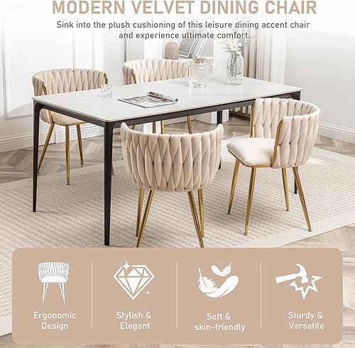 Miniatura 4 de Kiztir Juego de 4 sillas de comedor de terciopelo modernas tapizadas con respaldo tejido y patas de metal dorado para sala de estar, dormitorio,