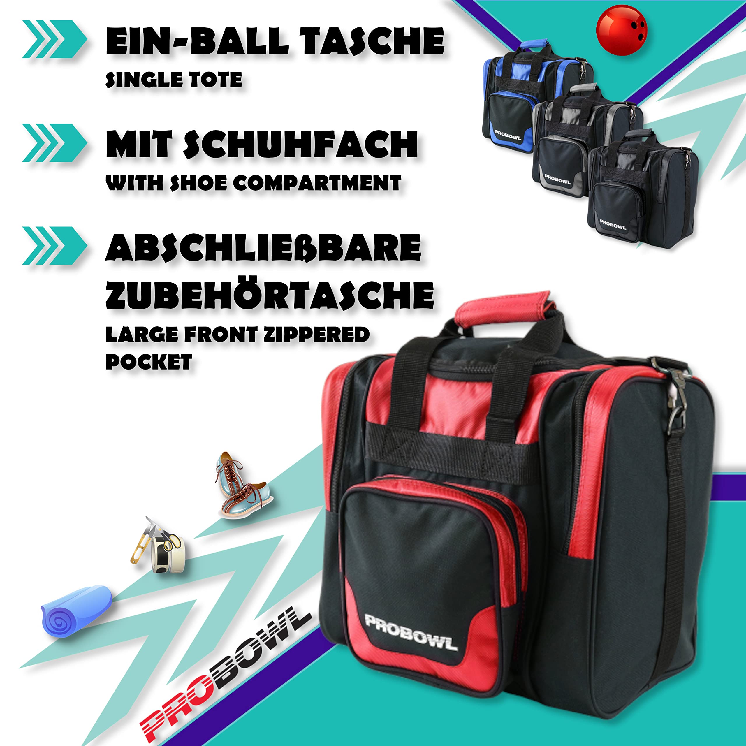 Borsa da bowling Pro Bowl Single Tote – Borsa da bowling con scomparto per scarpe – Portatile con scomparti per accessori – Interno imbottito – Borsa da bowling leggera con tracolla – Nero/Rosso