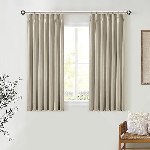 Miniatura 88 de Cortinas de lino 100% opacas de 90 pulgadas con pliegues de 2 paneles para sala de estar, con pestaña trasera plisada, cortinas oscuras con forma de