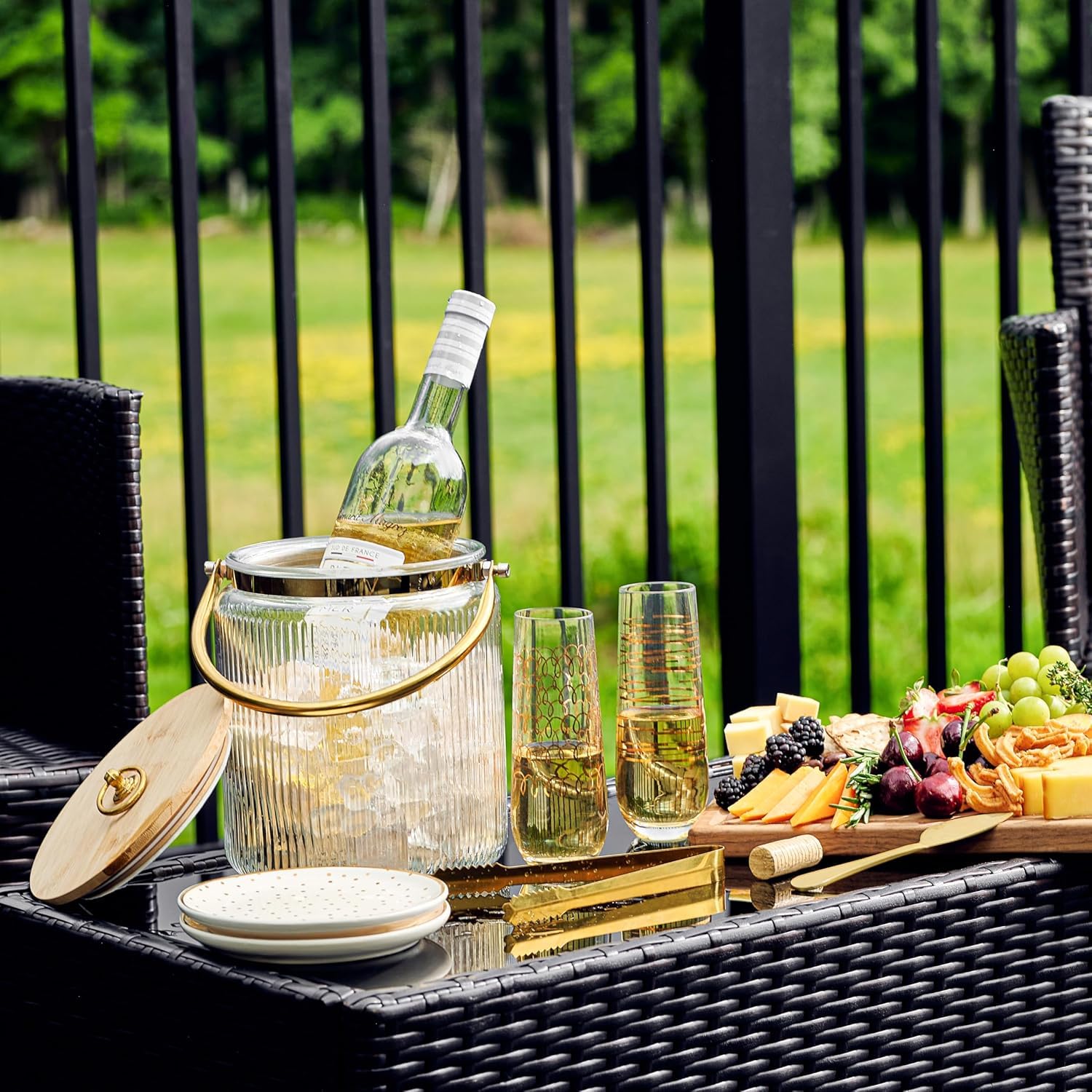 Le'raze Cubo de hielo de vidrio con tapa hermética cuchara y mango de pinza de hielo – Bañera de bebidas acanalada de 3 litros accesorios de bar, cerveza, enfriador para fiestas, enfriador de champán
