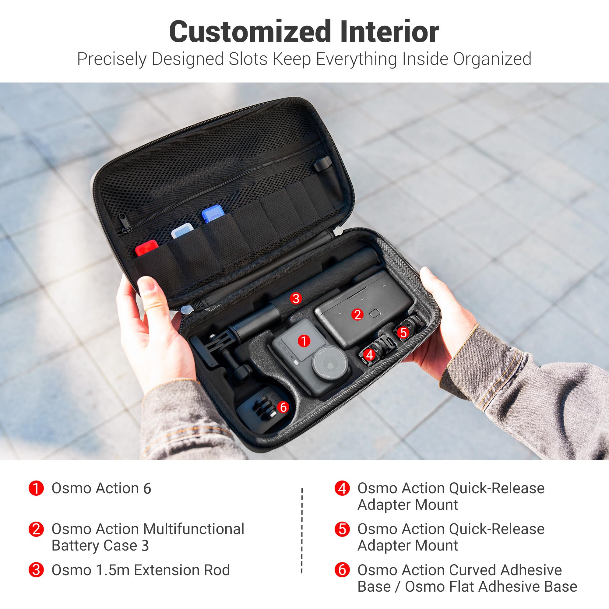 JJC Osmo Action 6 Sacoche avec bandoulière Eva pour DJI Osmo Action 6/5 Pro/4/3 avec 3 étuis pour cartes Micro SD, étanche pour appareil photo Action6, sac combo Essential Standard