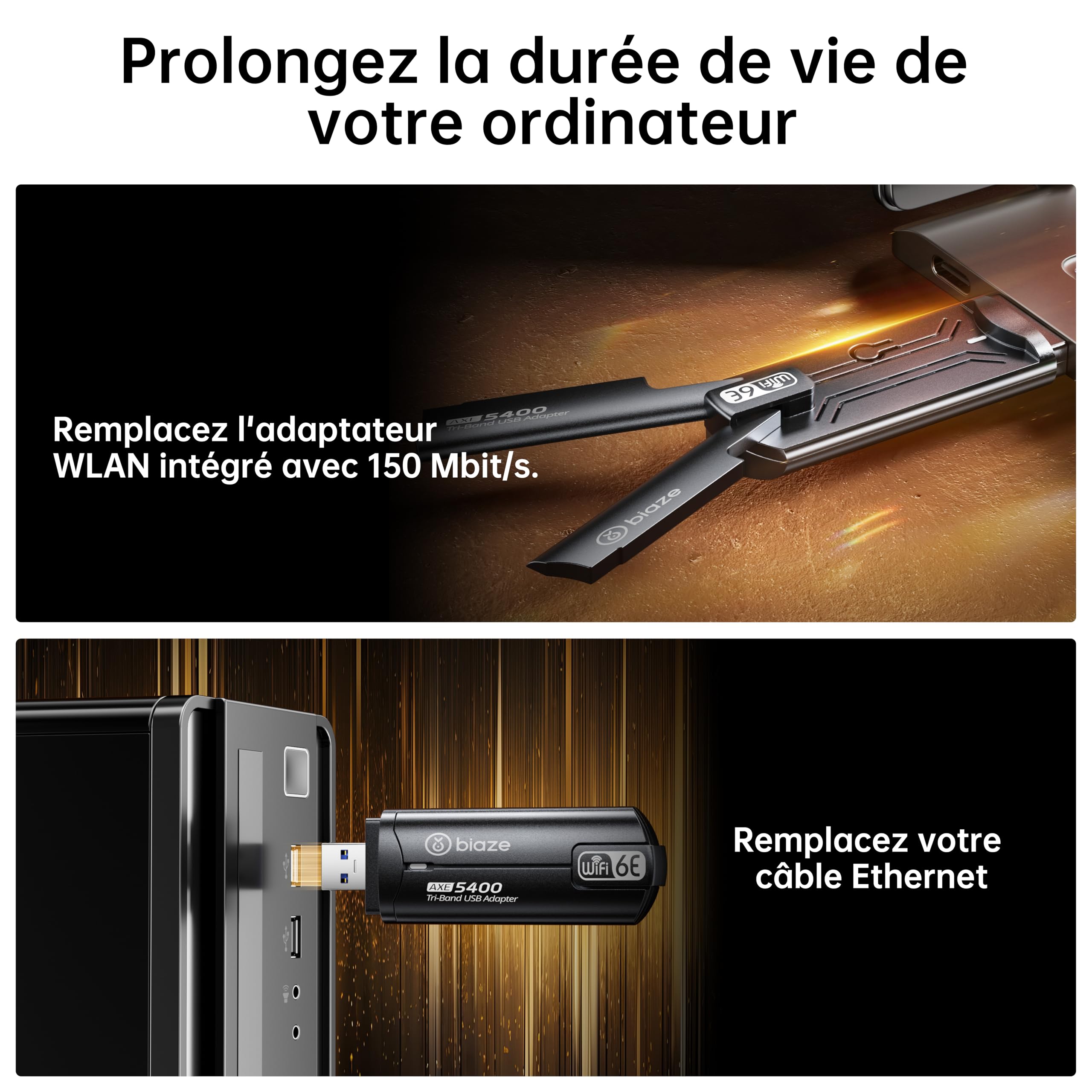 Adaptateur WiFi 6E sans fil 5400 Mbit/s USB 3.0 double bande pour PC ordinateur portable carte réseau Plug and Play antenne externe
