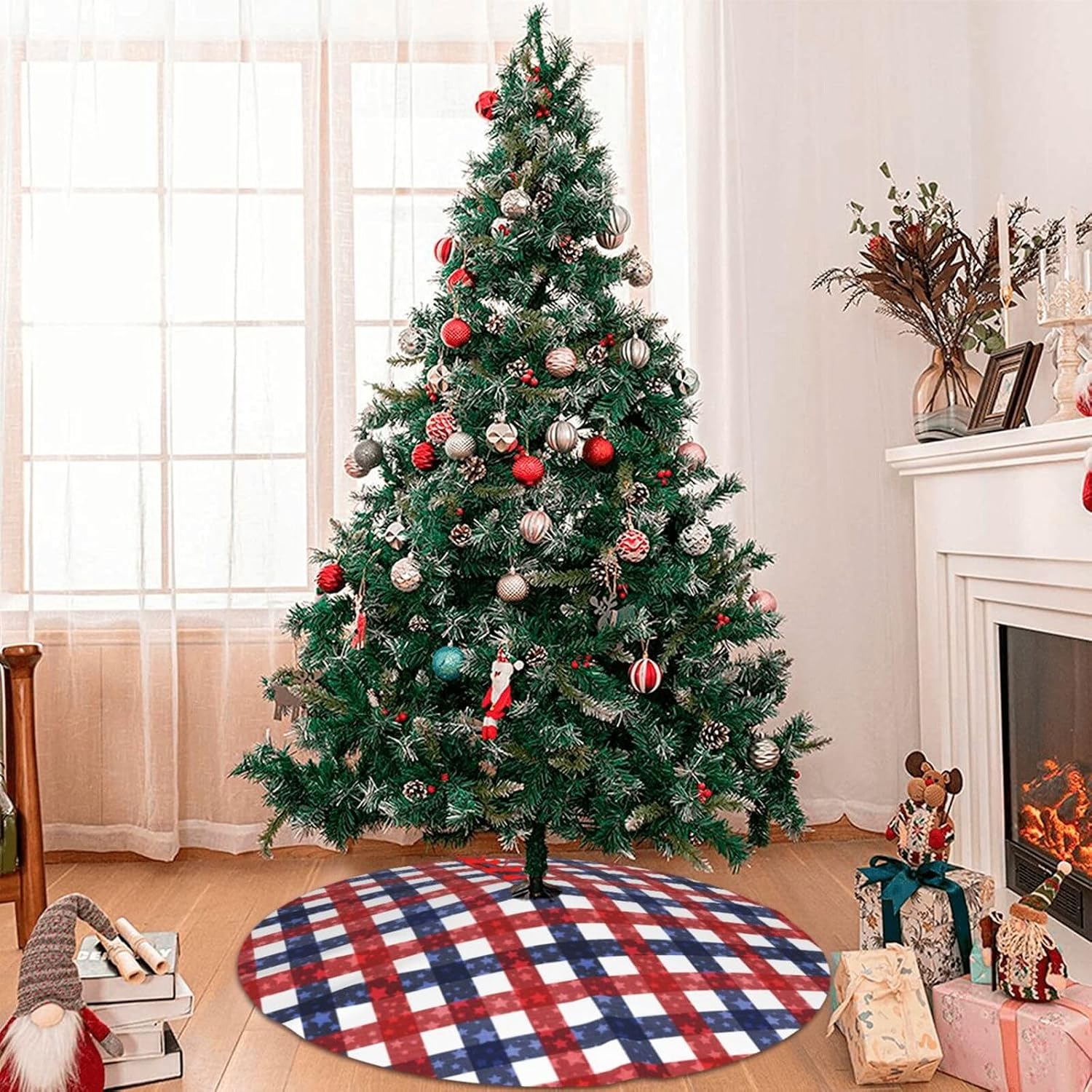 July 4th Patriotic American Flag Plaid Red Blue White 36 Inch Christmas Tree Skirt Carpet Mat Funny Party Decor Supplies for Xmas Halloween Decorations Occasion Ornament