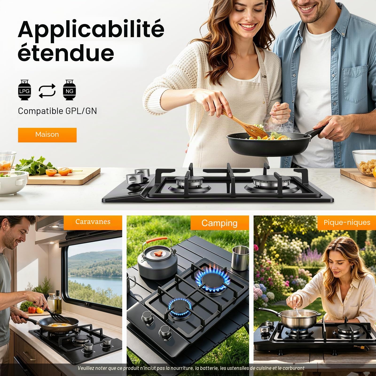 Plaque de cuisson à gaz portable à 2 feux - NG/LPG - Convertible - Pour caravane, maison, cuisine, camping, jardin, restauration - 3 kW + 1,75 kW de puissance