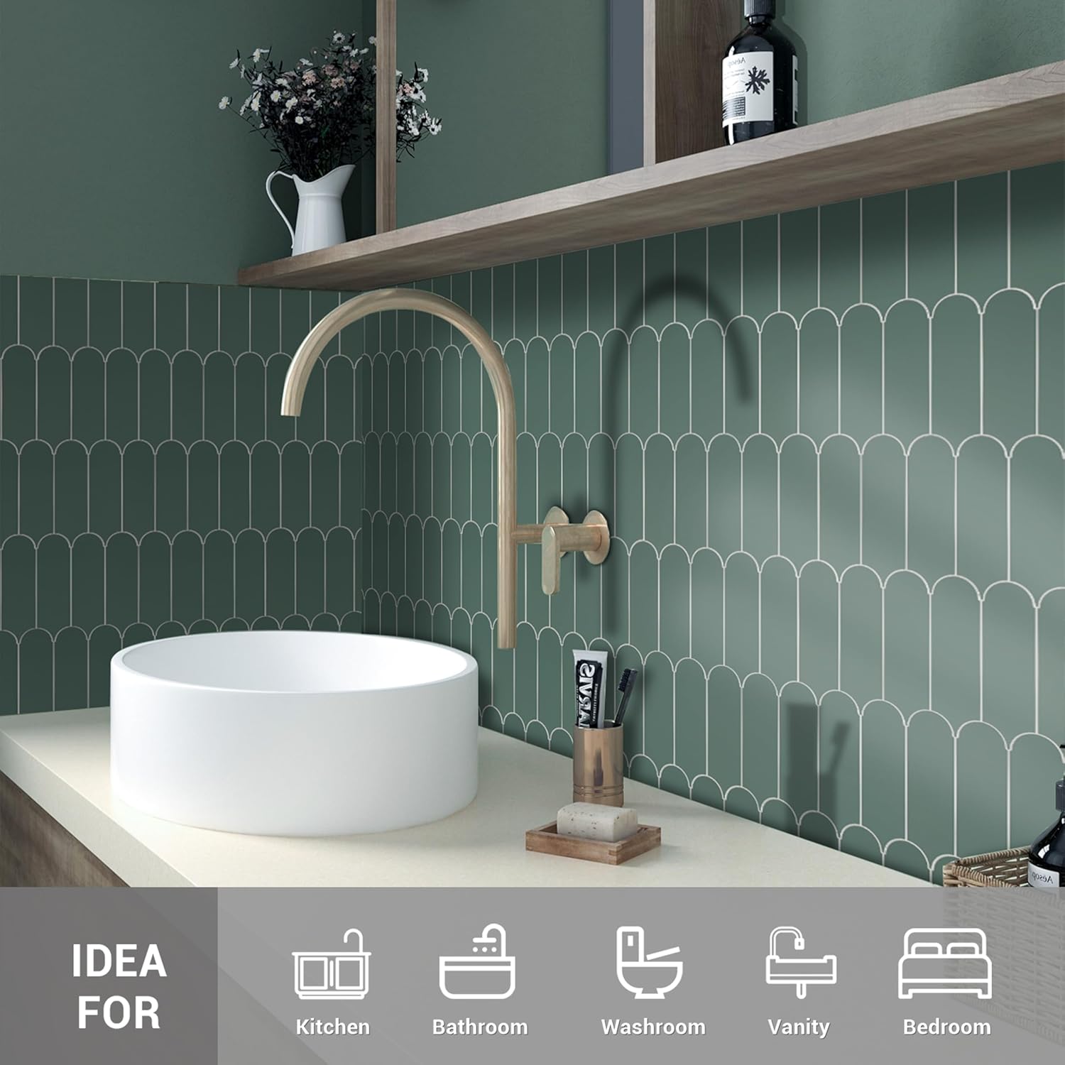 Olive Green Peel and Stick Backsplash, 6-Sheet Rigid Feather Wall Tiles with Matte Finish, Ceramic Look Self-Adhesive Tiles for Kitchen (11.3"x11.4", 5.39 sq.ft)
