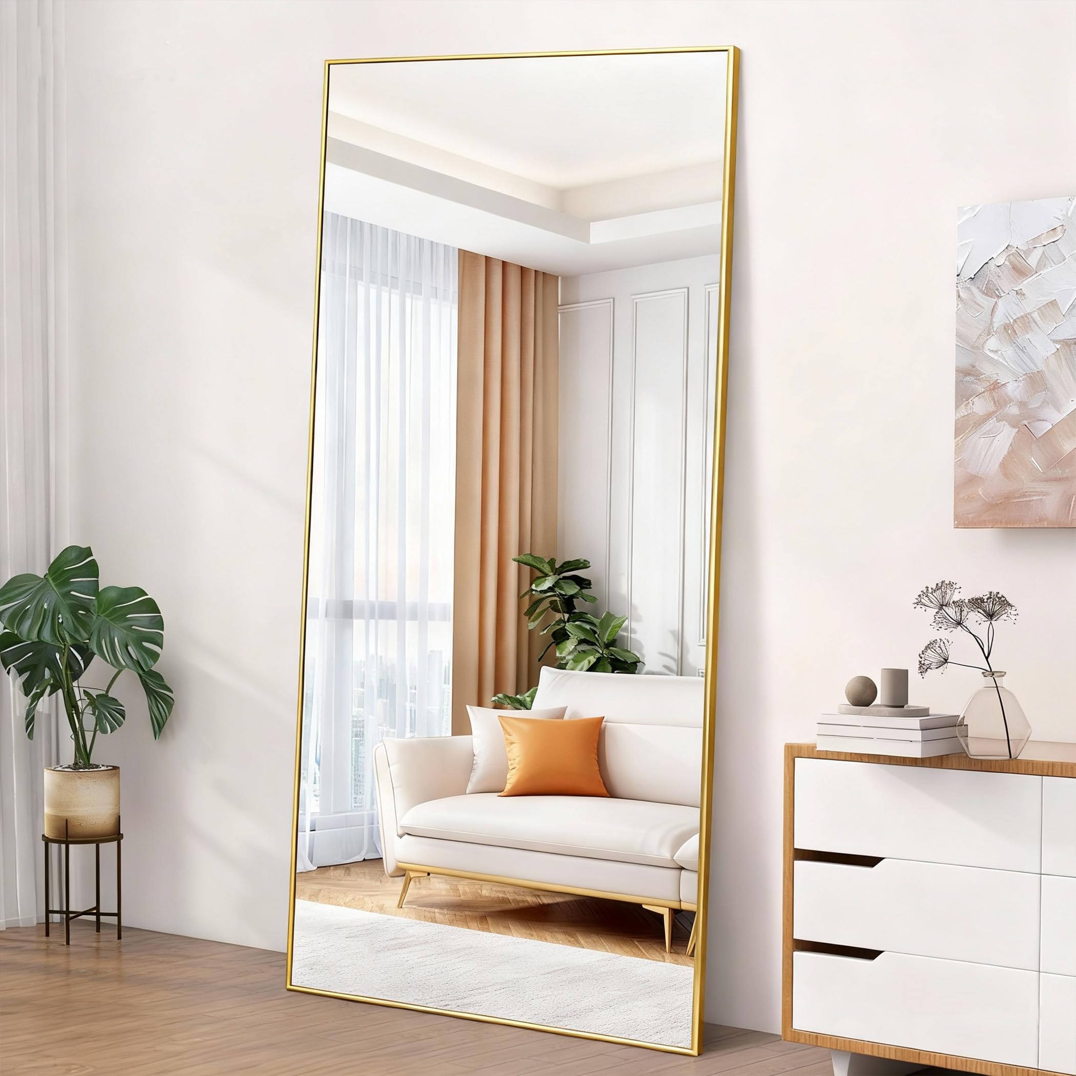 COFENY Spiegel Ganzkörper, 192 x 85 cm Spiegel Groß Wandspiegel mit Schwarzer Rahme, Spiegels Stehend, Anlehnen oder Hängen, Spiegesl Gold für Schlafzimmer, Wohnzimmer, Flur