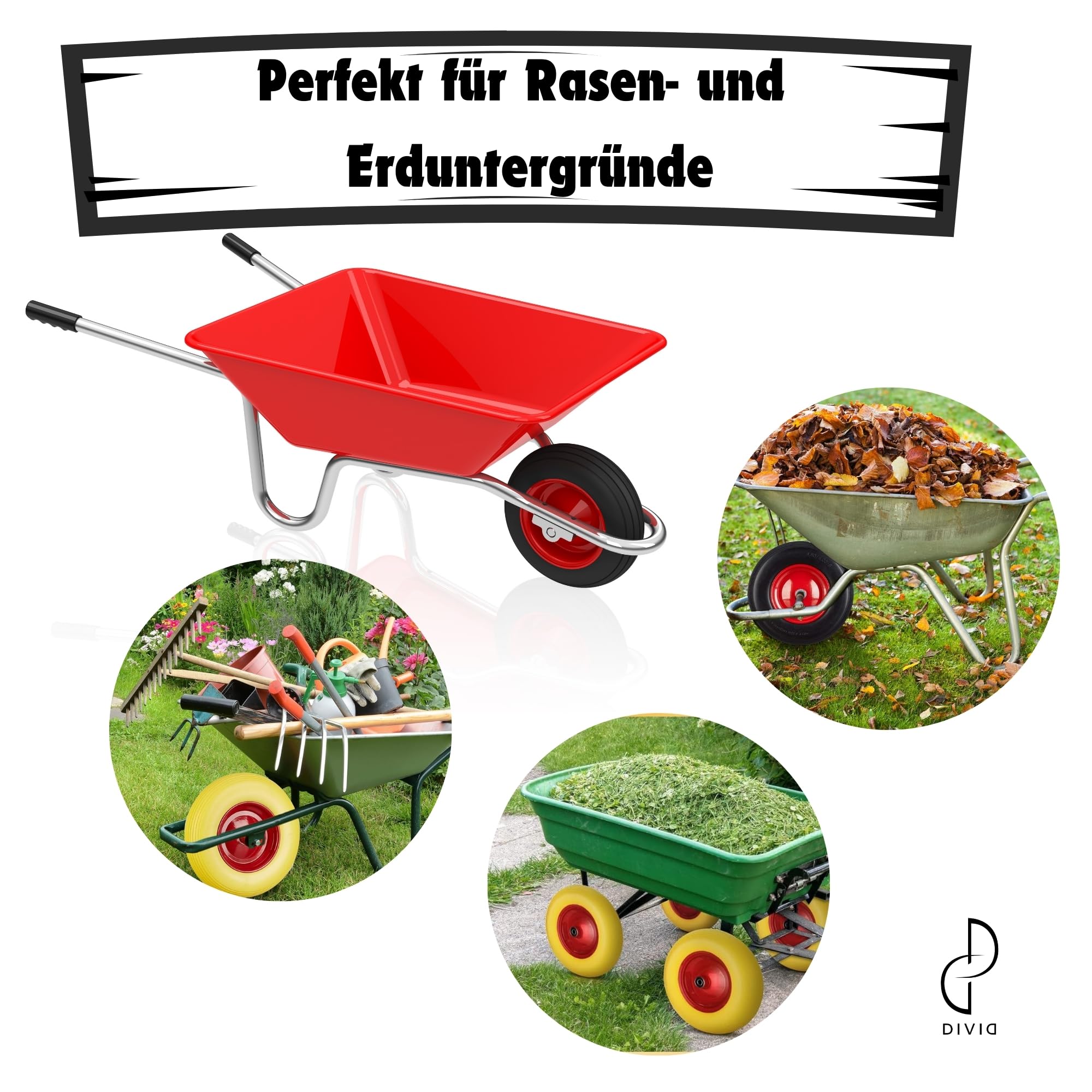 DIVID® Schubkarrenrad PU Vollgummiertes Ersatzrad, Pannensicher, Ersatzrad, Vollgummireifen, 4.80/4.00-8 Ø 390mm Durchmesser auf Stahlfelge (Schwarz)